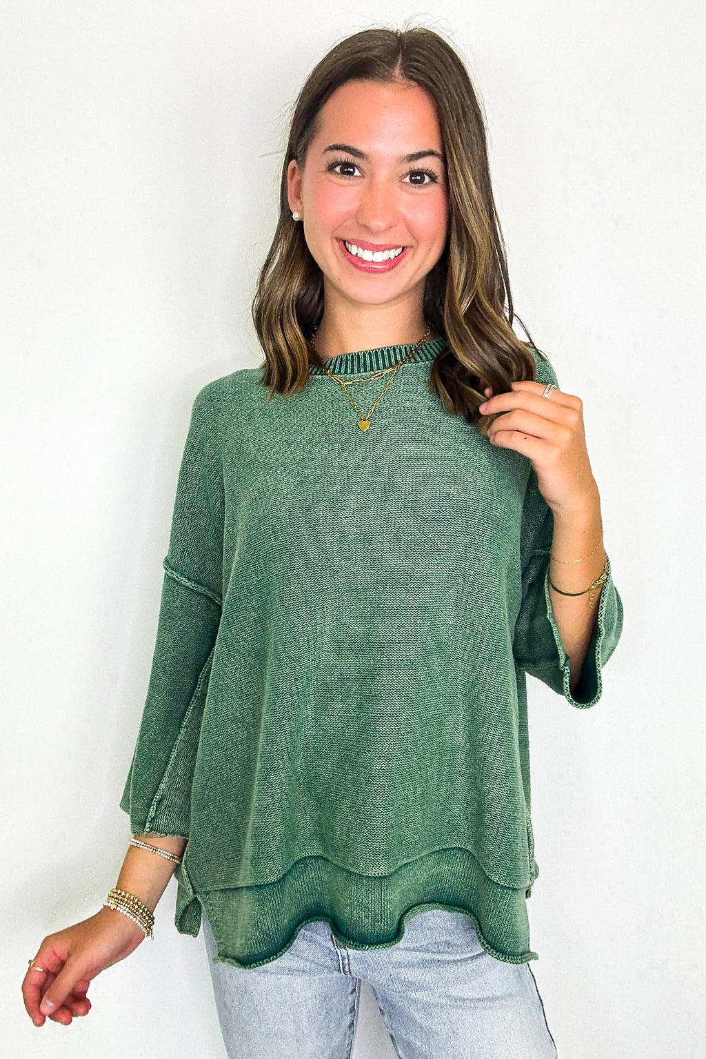 Cozy Fade Washed 3/4 Sleeve Relaxed Sweater - Madison and Mallory