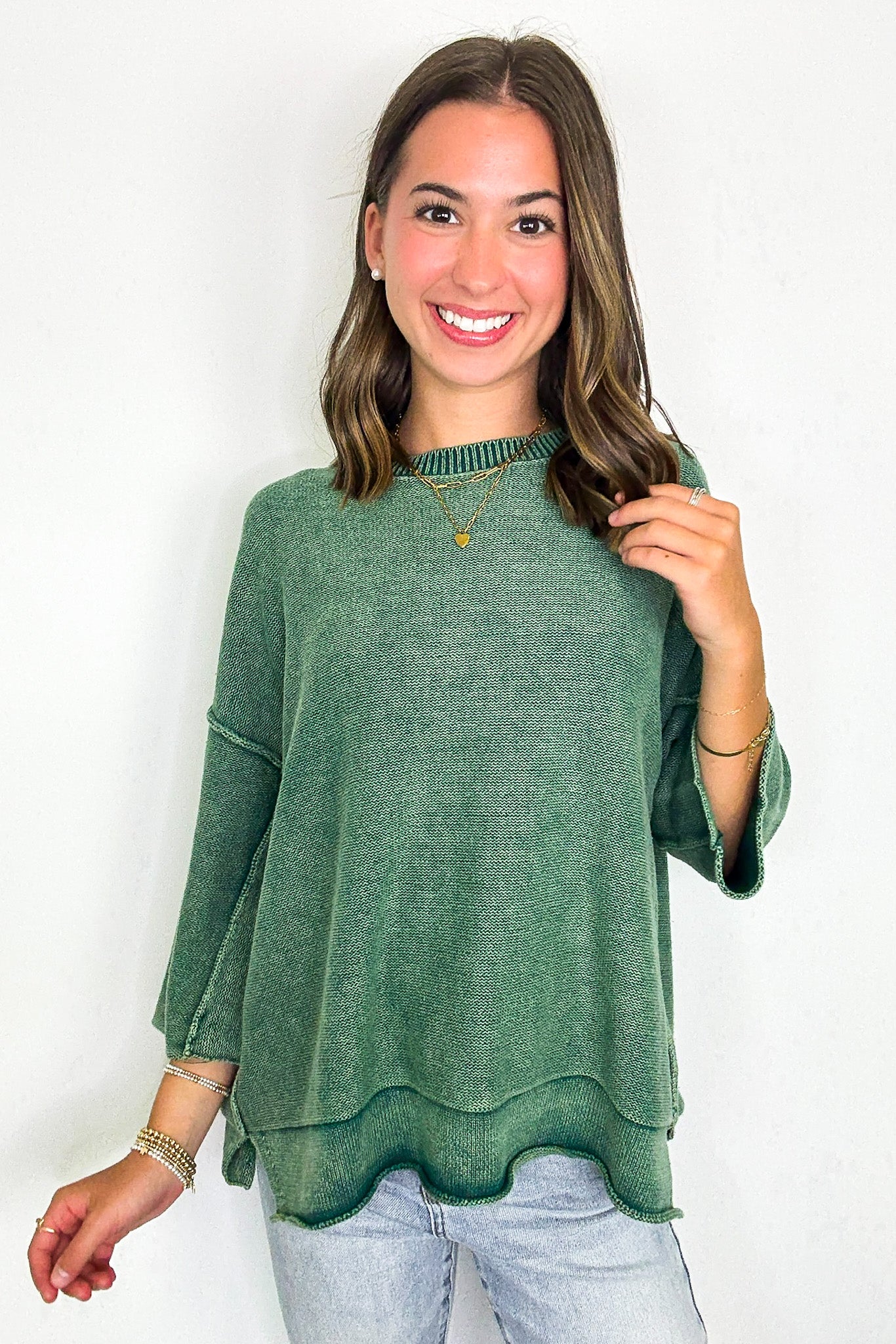 Cozy Fade Washed 3/4 Sleeve Relaxed Sweater - Madison and Mallory