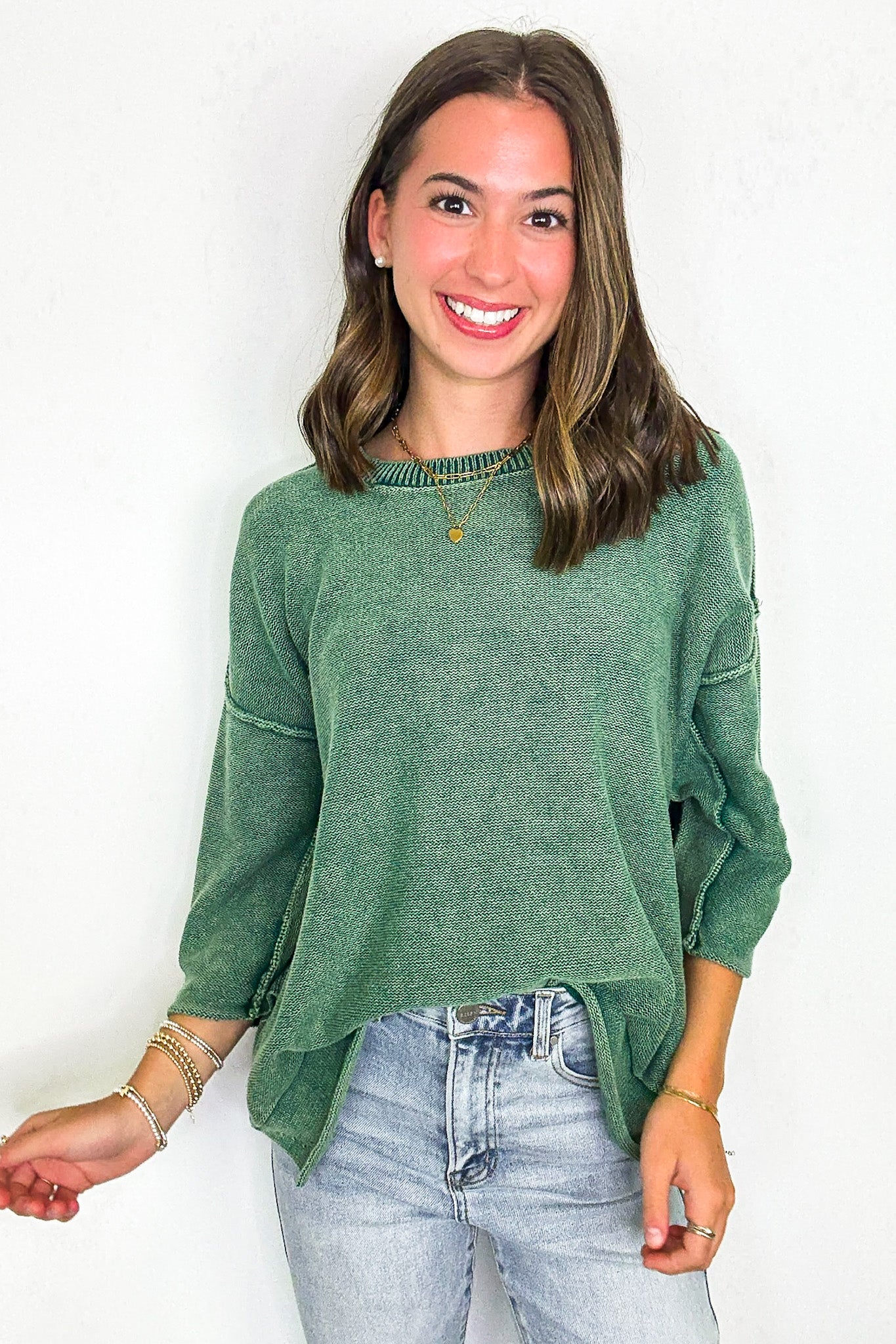 Hunter Green / S Cozy Fade Washed 3/4 Sleeve Relaxed Sweater - Madison and Mallory