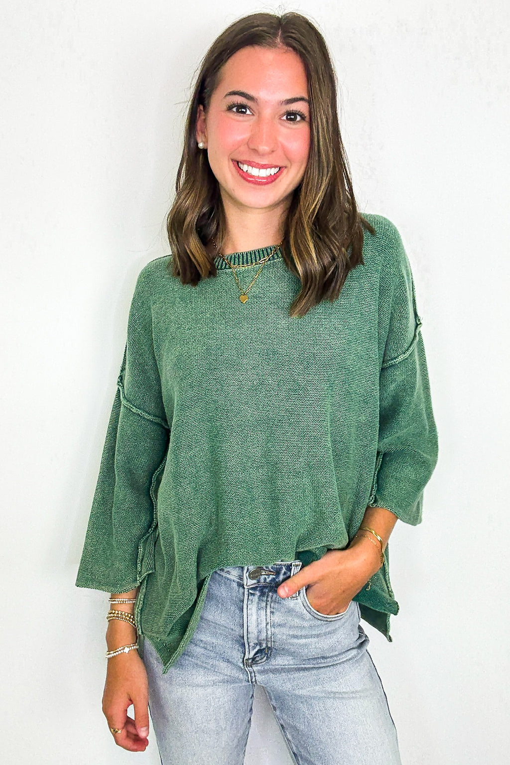 Cozy Fade Washed 3/4 Sleeve Relaxed Sweater - Madison and Mallory