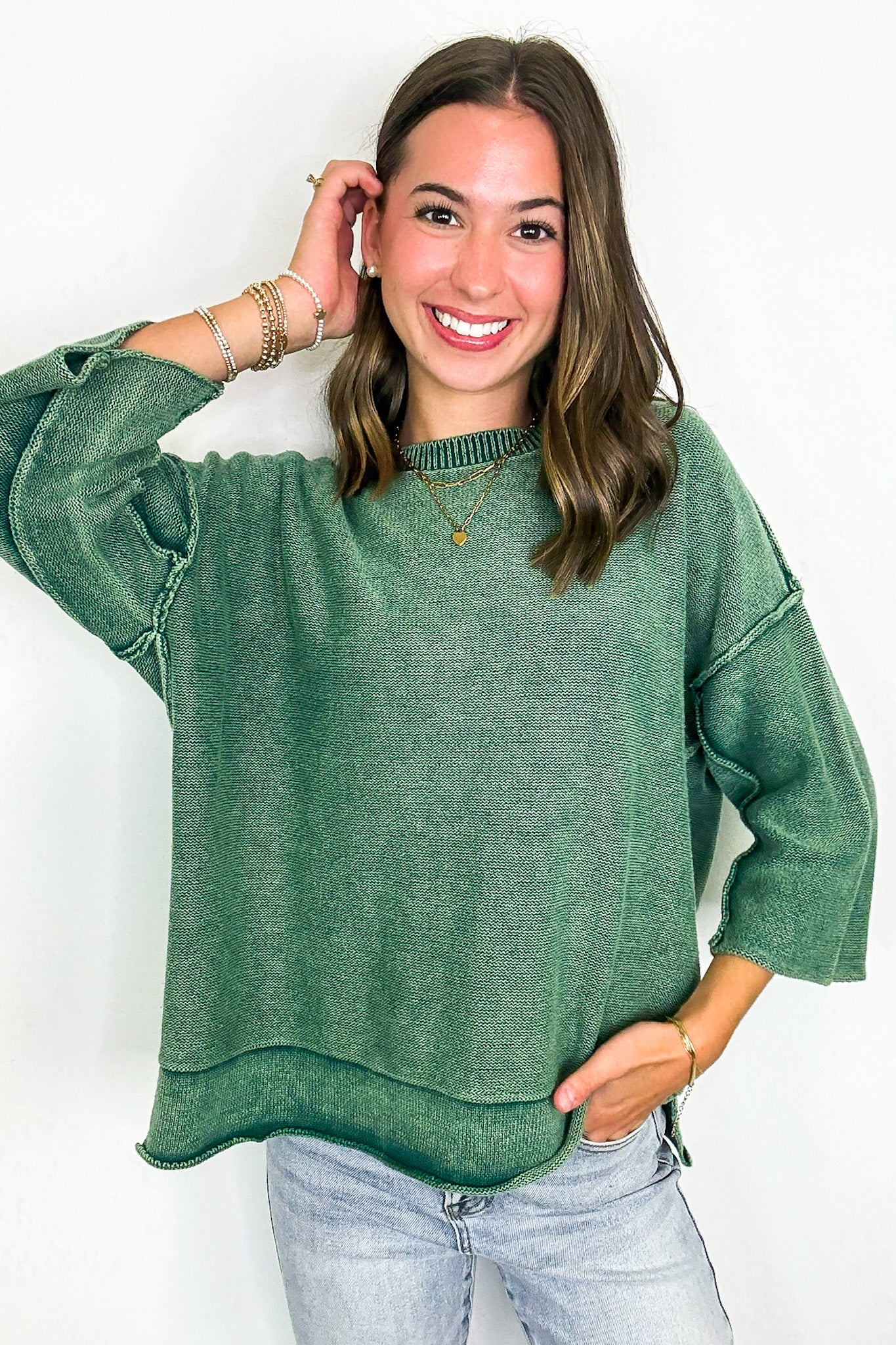 Cozy Fade Washed 3/4 Sleeve Relaxed Sweater - Madison and Mallory