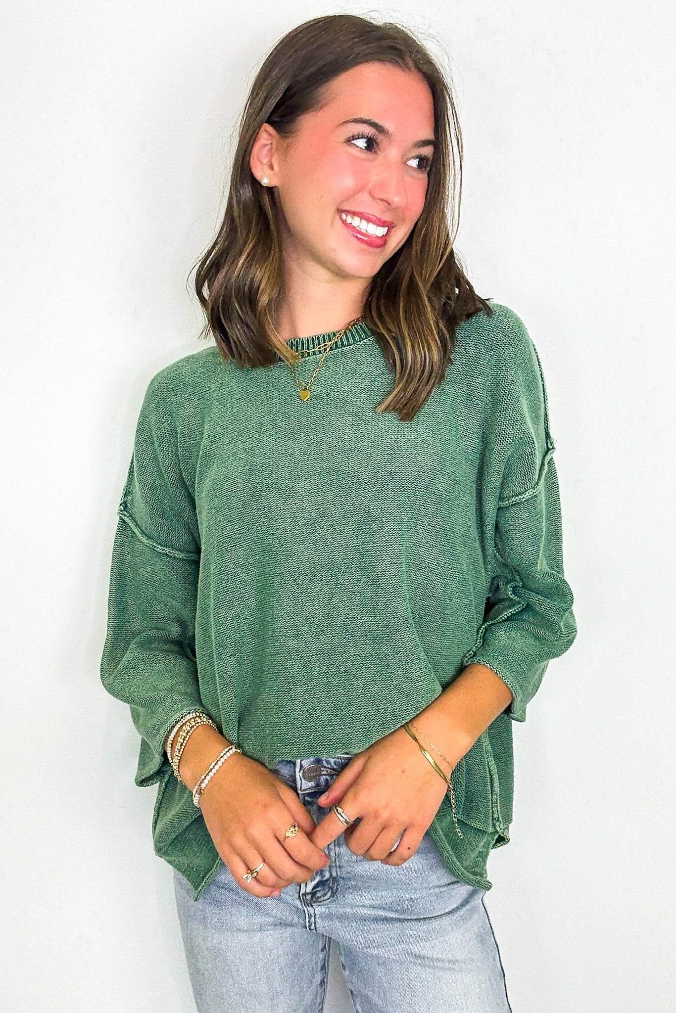 Cozy Fade Washed 3/4 Sleeve Relaxed Sweater - Madison and Mallory
