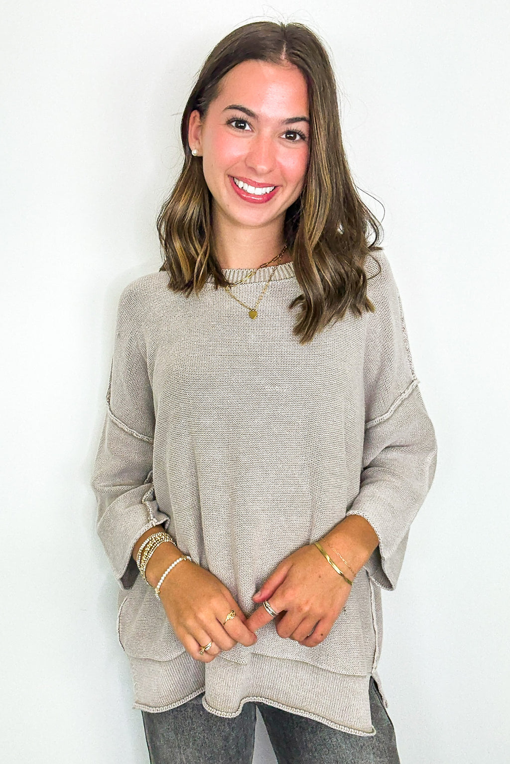 Cozy Fade Washed 3/4 Sleeve Relaxed Sweater - Madison and Mallory