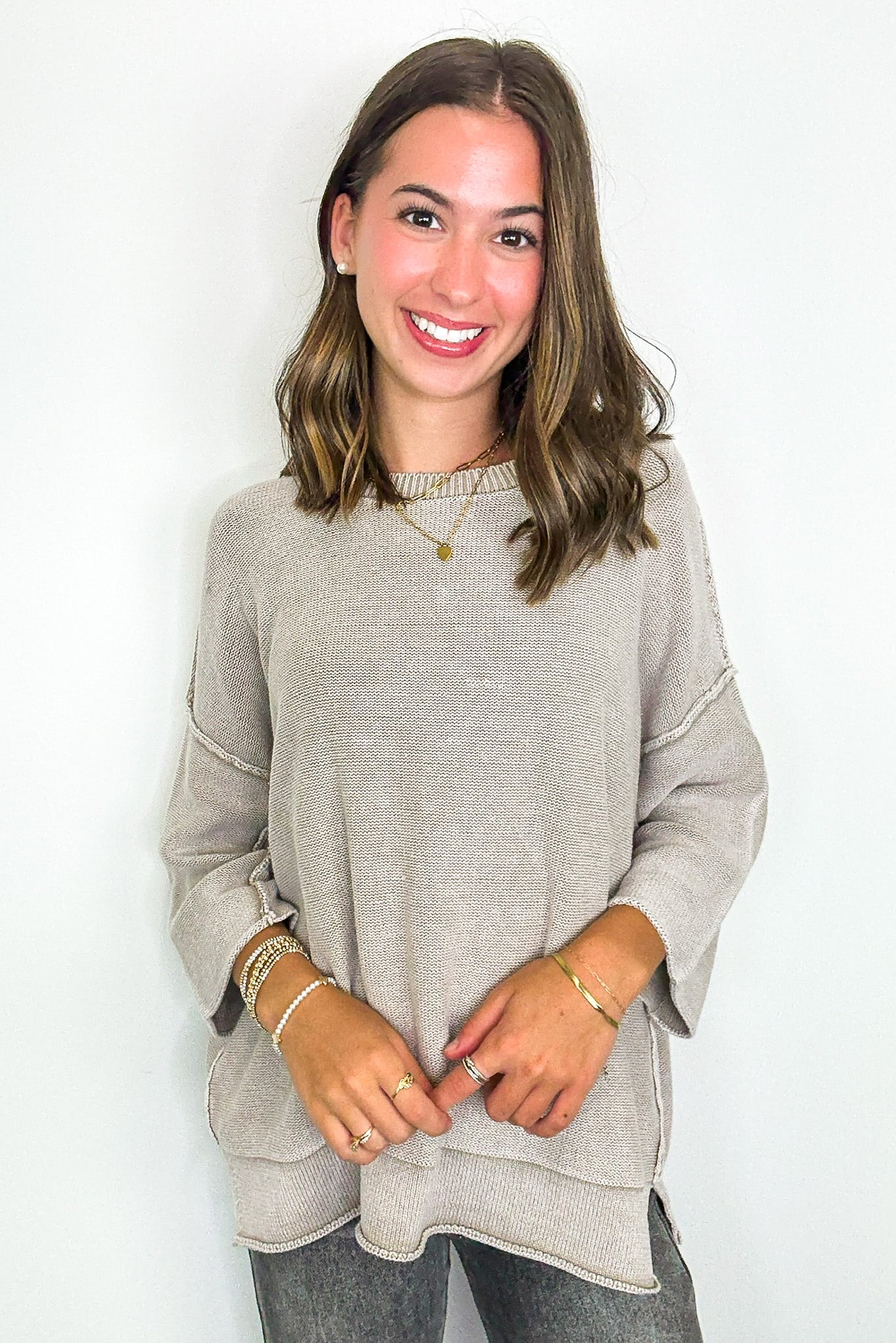 Cozy Fade Washed 3/4 Sleeve Relaxed Sweater - Madison and Mallory