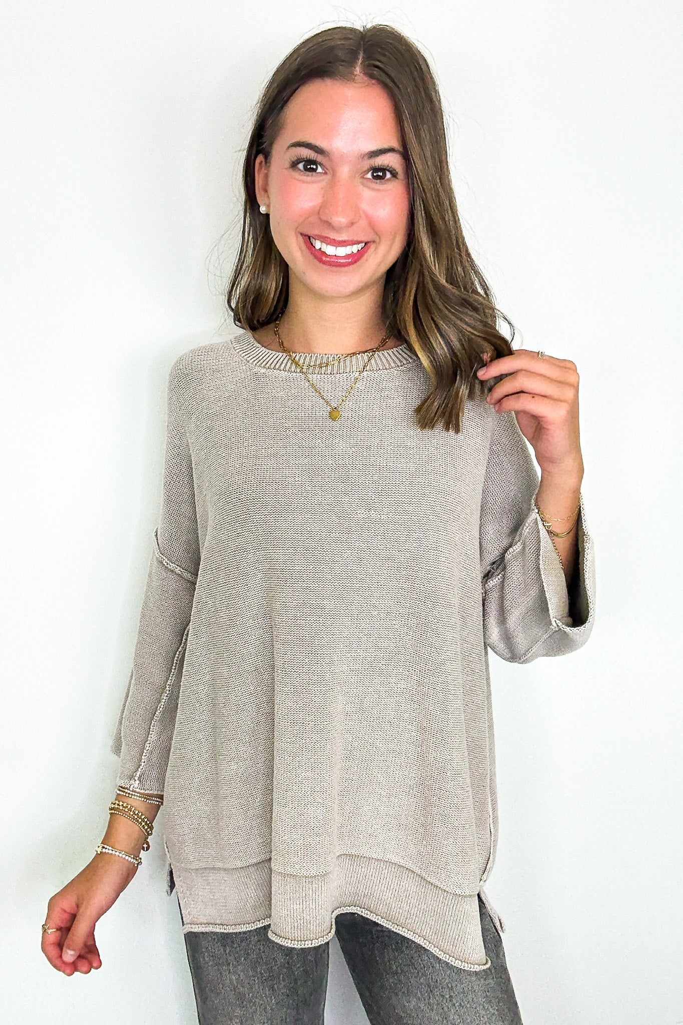Light Mocha / S Cozy Fade Washed 3/4 Sleeve Relaxed Sweater - Madison and Mallory