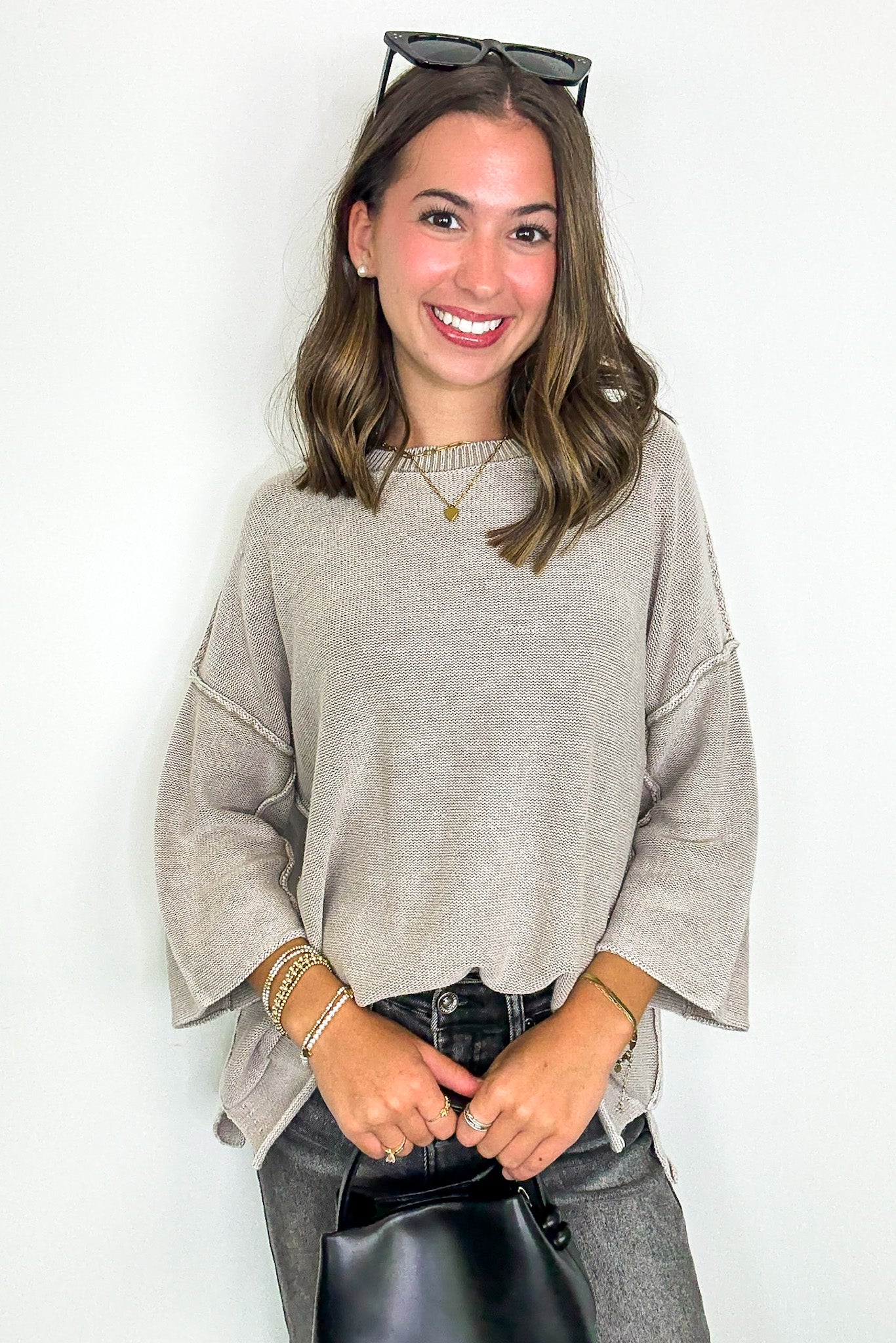 Cozy Fade Washed 3/4 Sleeve Relaxed Sweater - Madison and Mallory