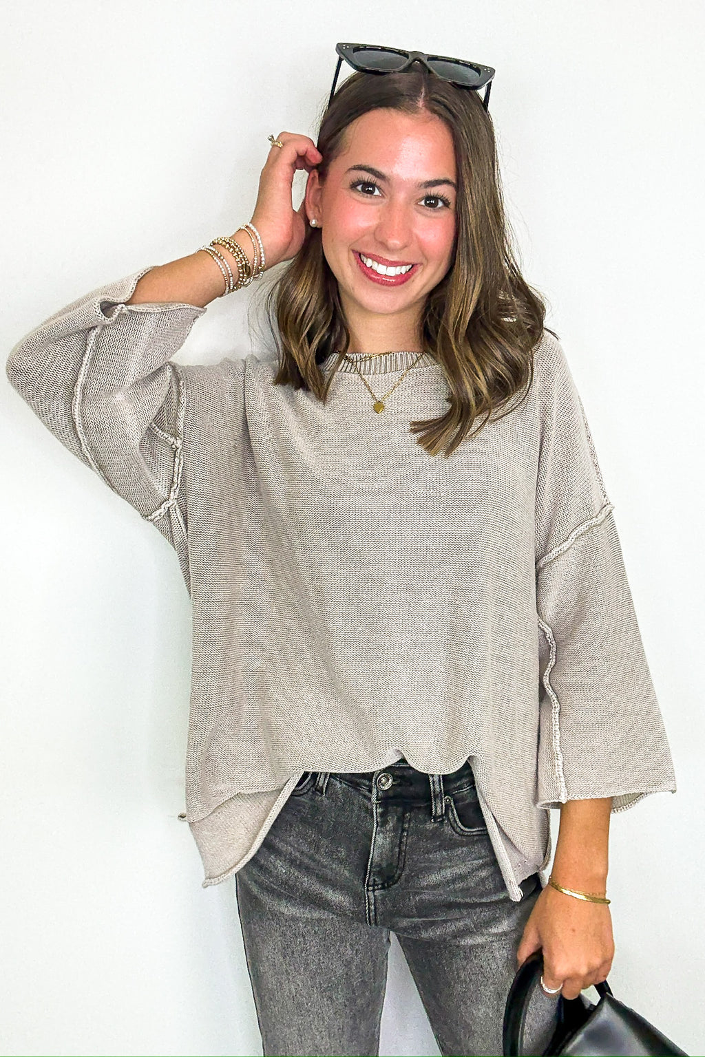Cozy Fade Washed 3/4 Sleeve Relaxed Sweater - Madison and Mallory