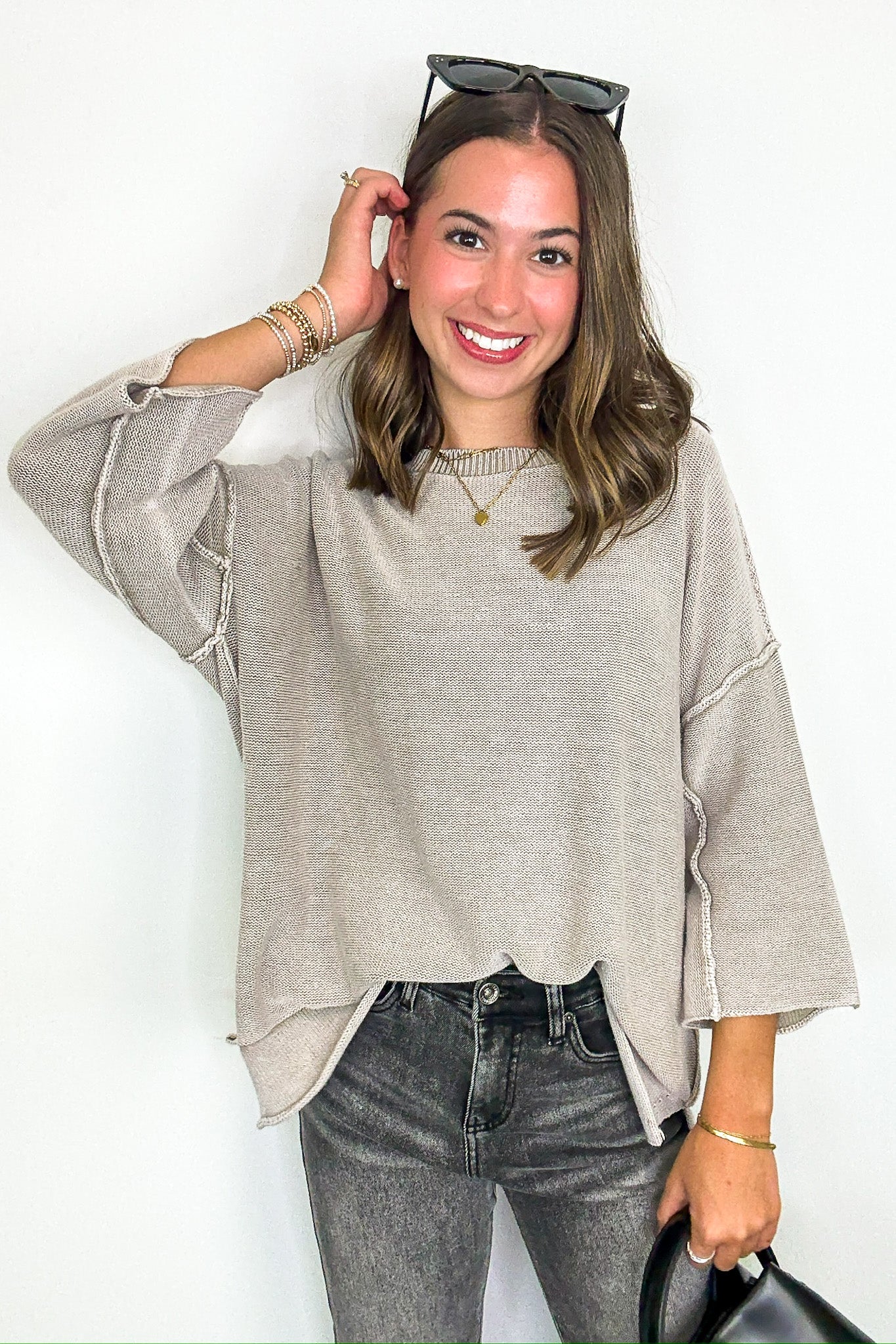 Cozy Fade Washed 3/4 Sleeve Relaxed Sweater - Madison and Mallory