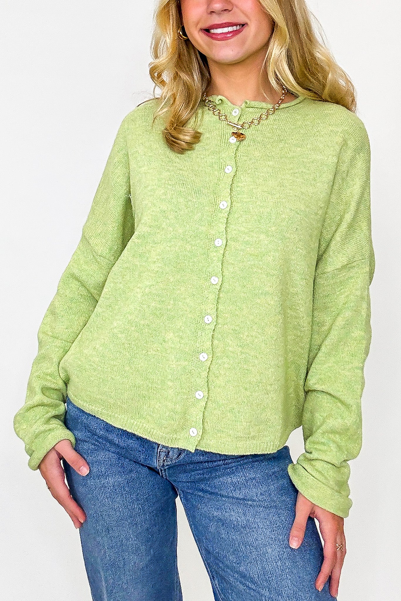 S / Lemongrass Cozy Frame Relaxed Button Knit Cardigan Sweater - Madison and Mallory