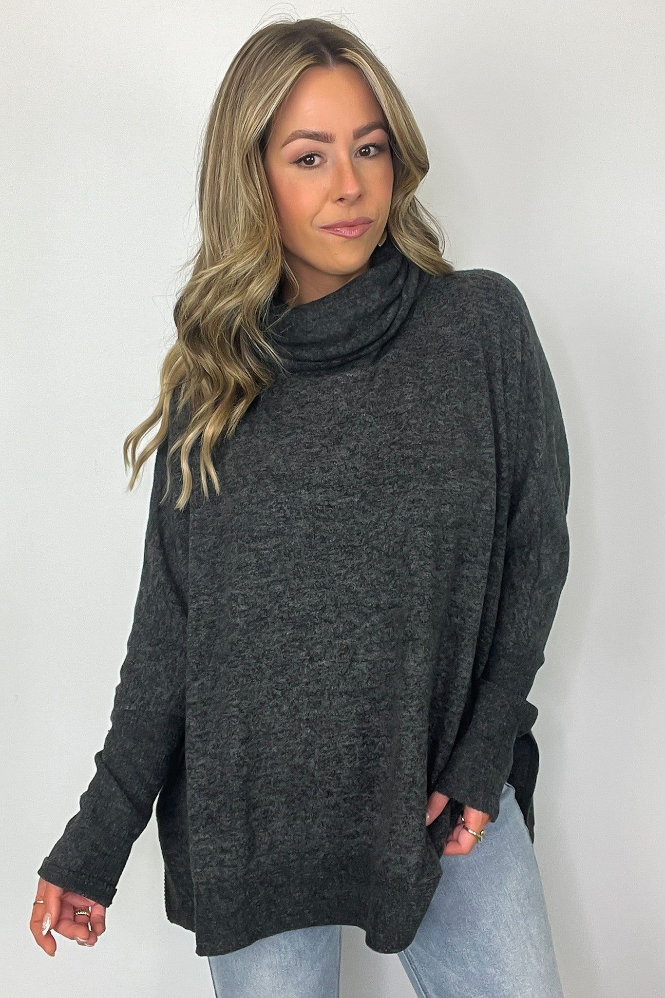  Cozy Harmony Brushed Melange Knit Cowl Neck Poncho Sweater - BACK IN STOCK - Madison and Mallory