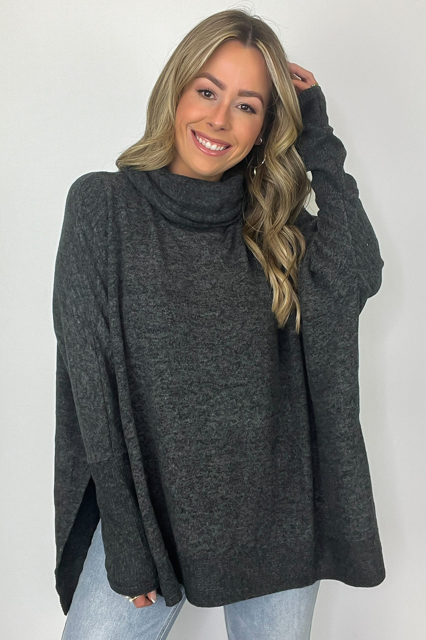 Cowl neck poncho sweater with sleeves best sale