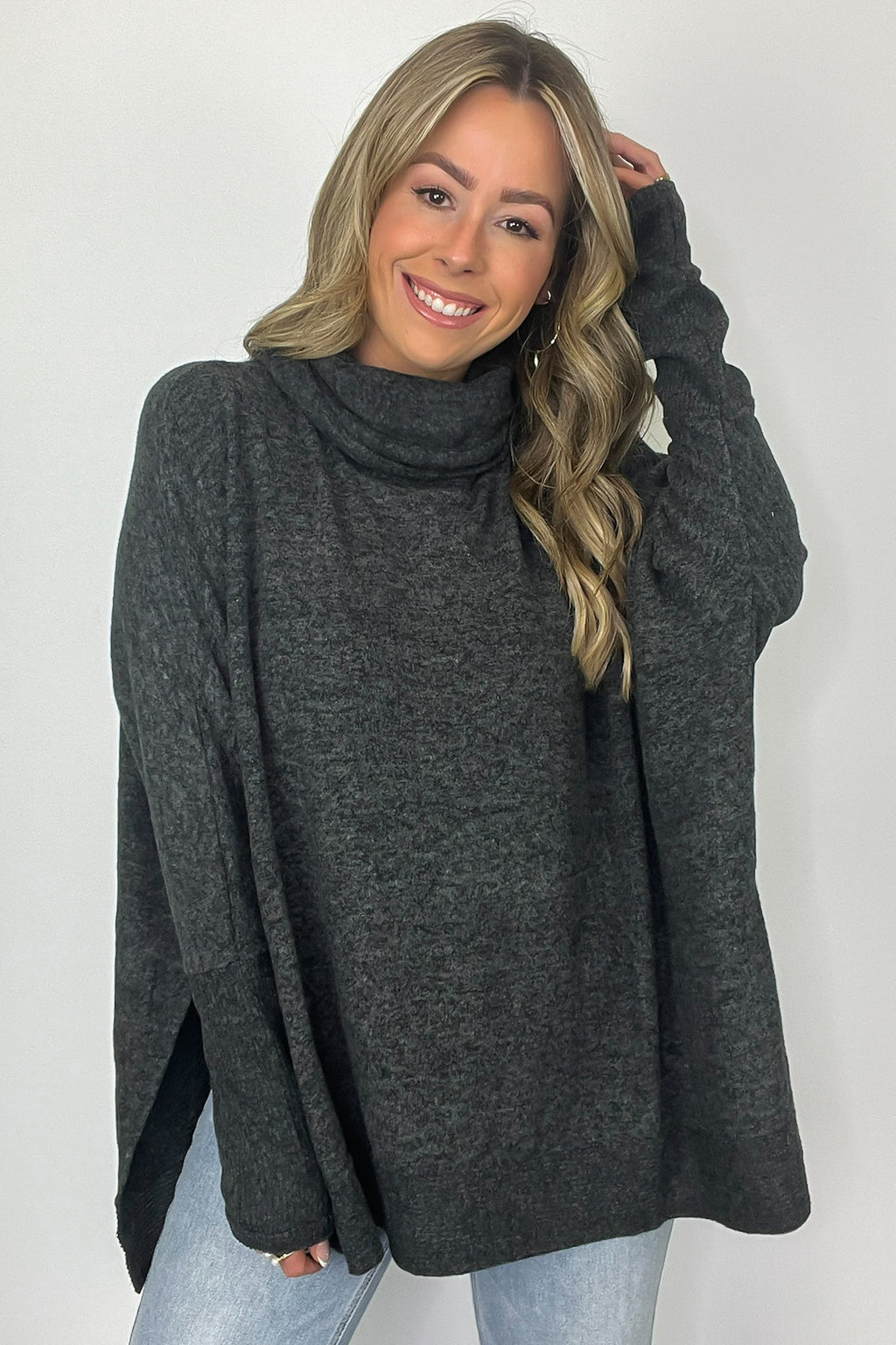 Cozy Harmony Brushed Melange Knit Cowl Neck Poncho Sweater - FINAL SALE - Madison and Mallory