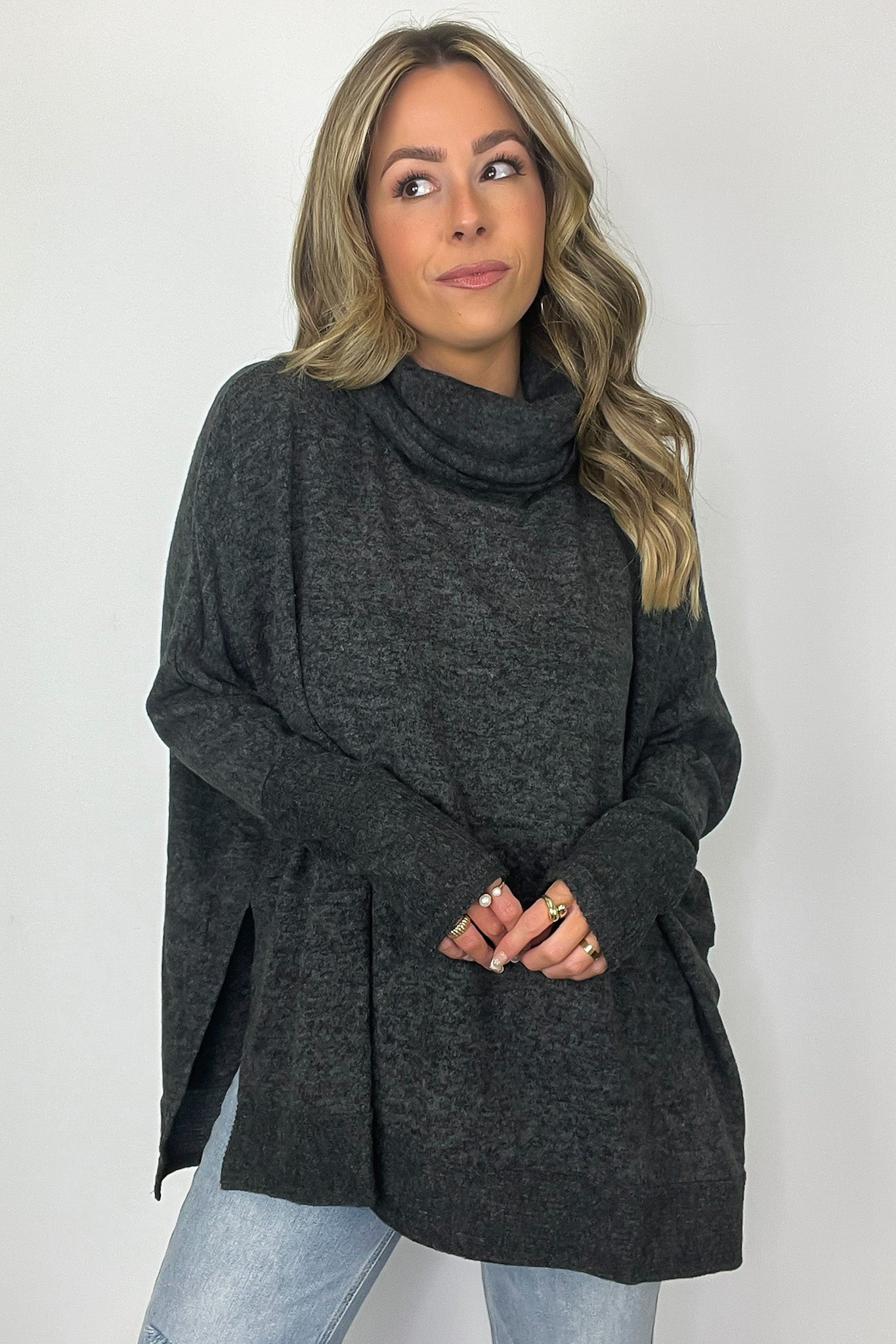 Black / SM Cozy Harmony Brushed Melange Knit Cowl Neck Poncho Sweater - BACK IN STOCK - Madison and Mallory