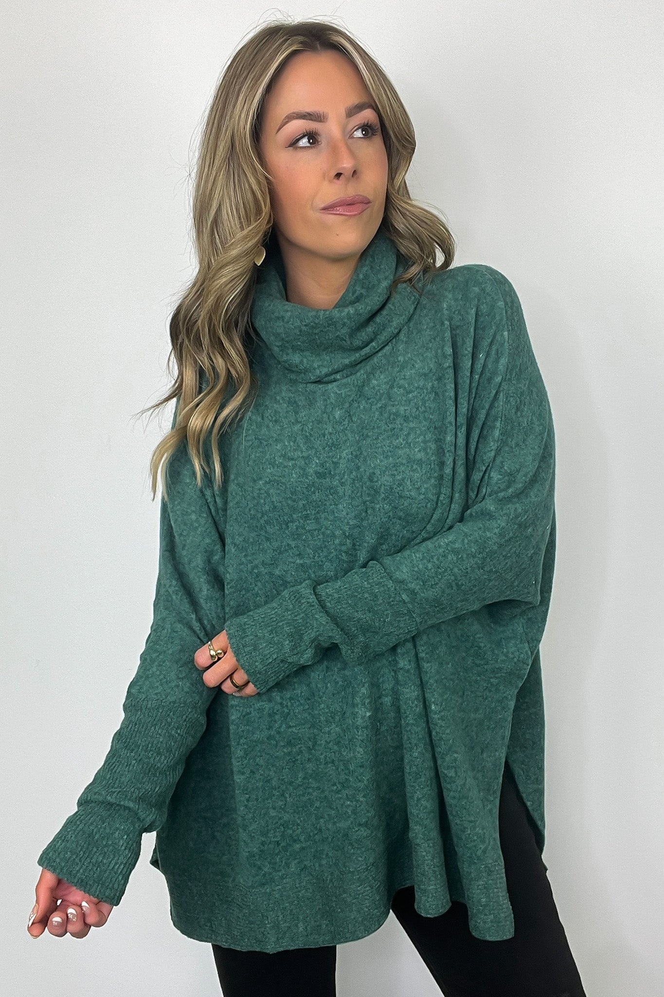 Dark Green / SM Cozy Harmony Brushed Melange Knit Cowl Neck Poncho Sweater - FINAL SALE - Madison and Mallory