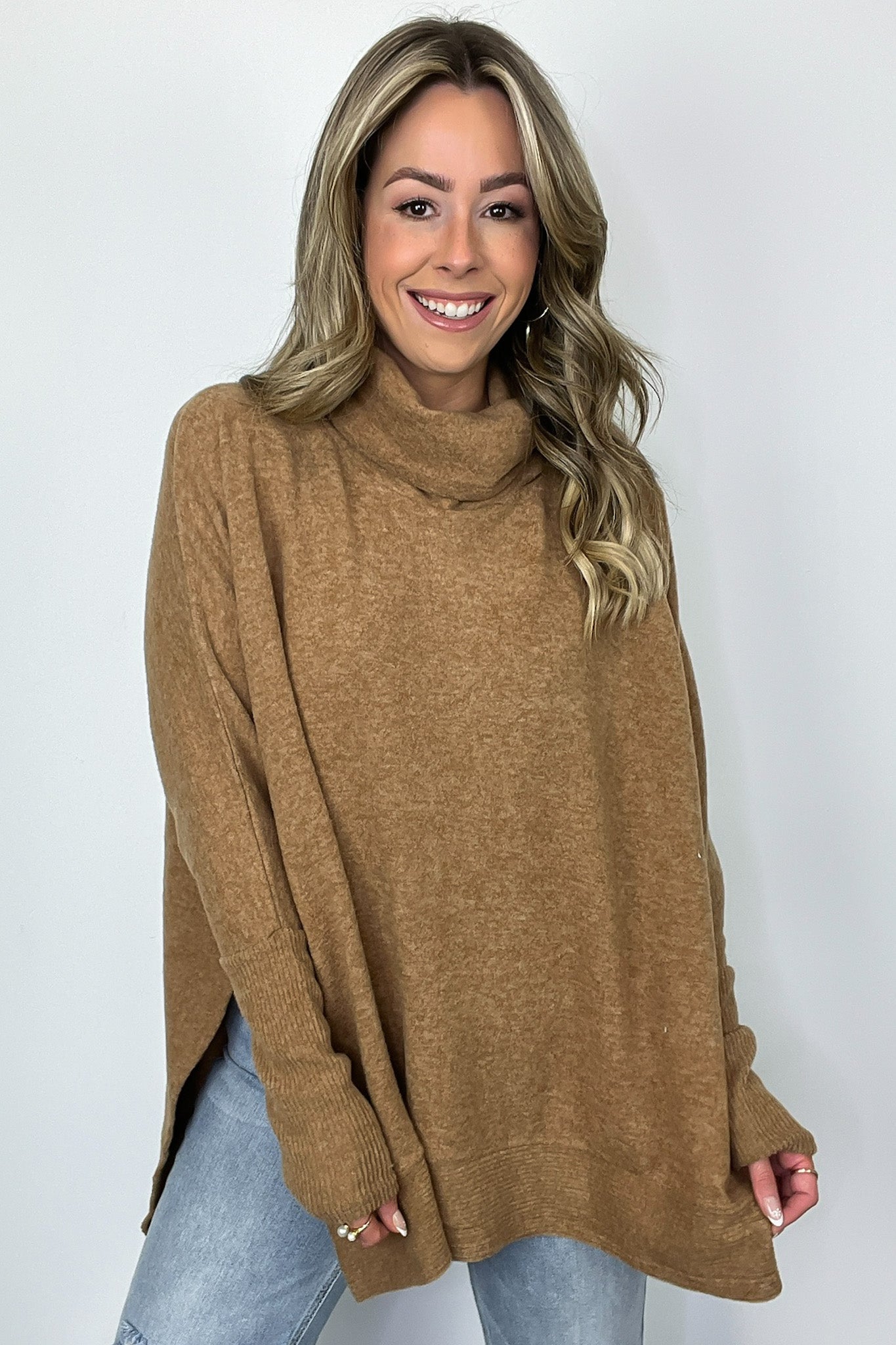  Cozy Harmony Brushed Melange Knit Cowl Neck Poncho Sweater - BACK IN STOCK - Madison and Mallory