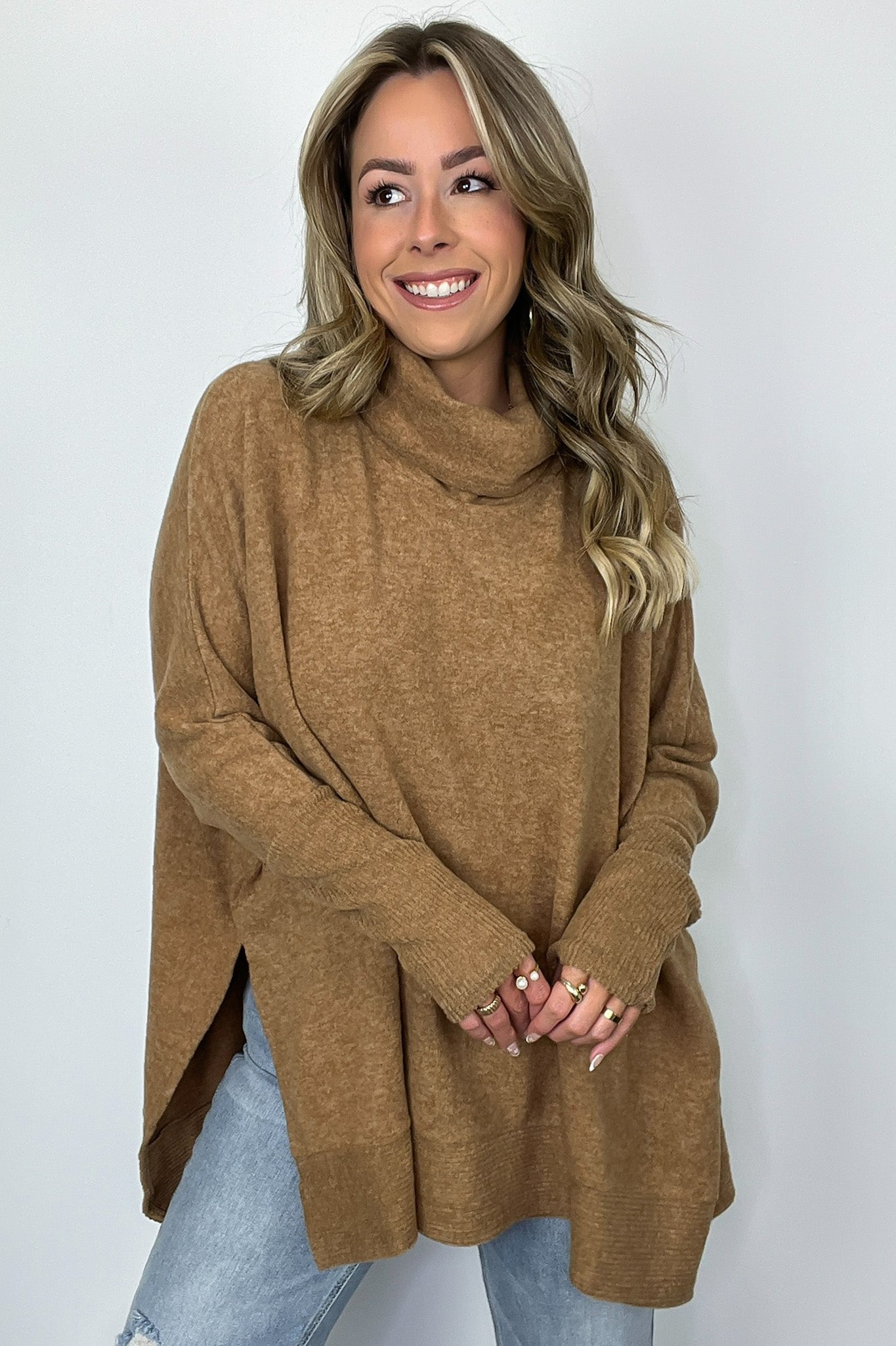 Deep Camel / SM Cozy Harmony Brushed Melange Knit Cowl Neck Poncho Sweater - BACK IN STOCK - Madison and Mallory