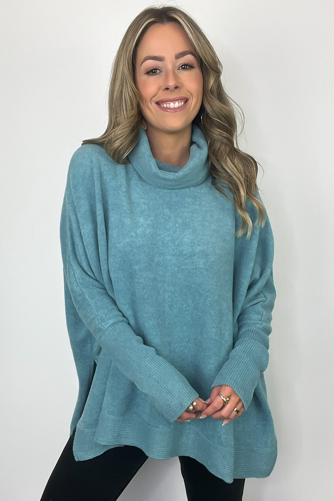 Dusty Teal / SM Cozy Harmony Brushed Melange Knit Cowl Neck Poncho Sweater - BACK IN STOCK - Madison and Mallory