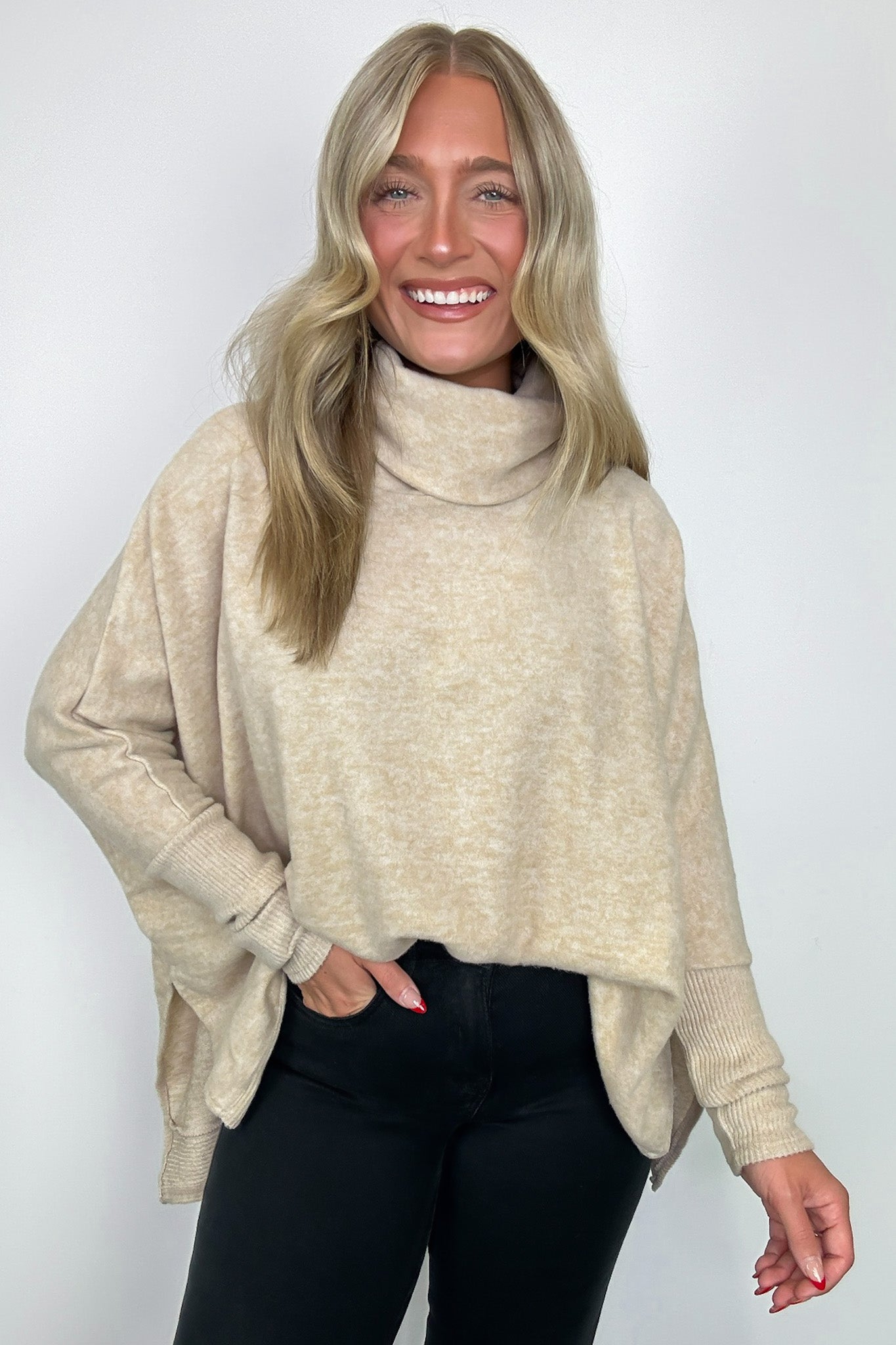 Heather Beige / SM Cozy Harmony Brushed Melange Knit Cowl Neck Poncho Sweater - FINAL SALE - Madison and Mallory