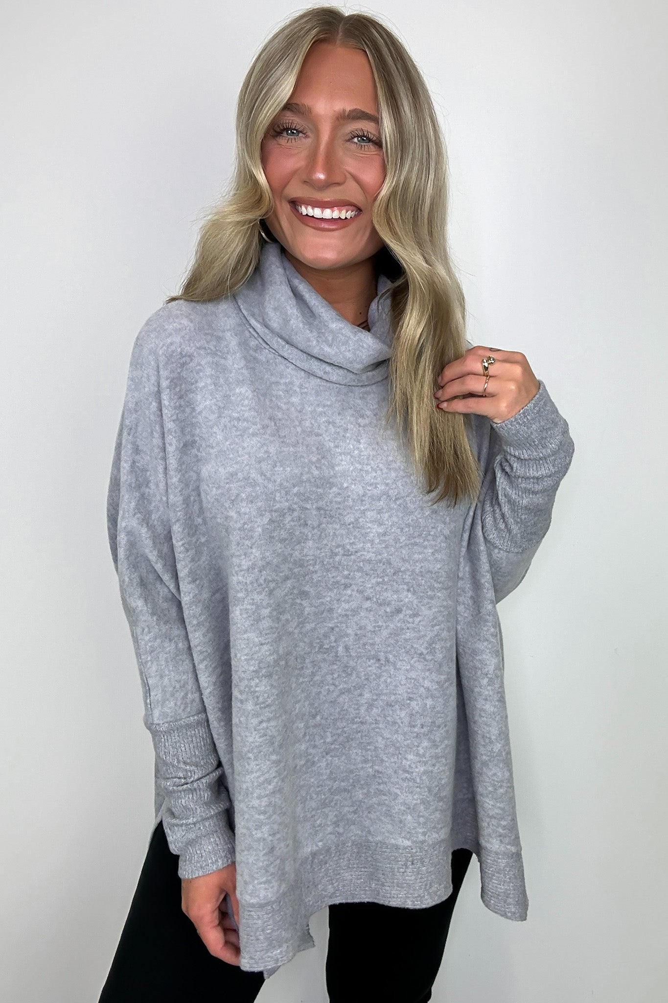 Heather Gray / SM Cozy Harmony Brushed Melange Knit Cowl Neck Poncho Sweater - BACK IN STOCK - Madison and Mallory