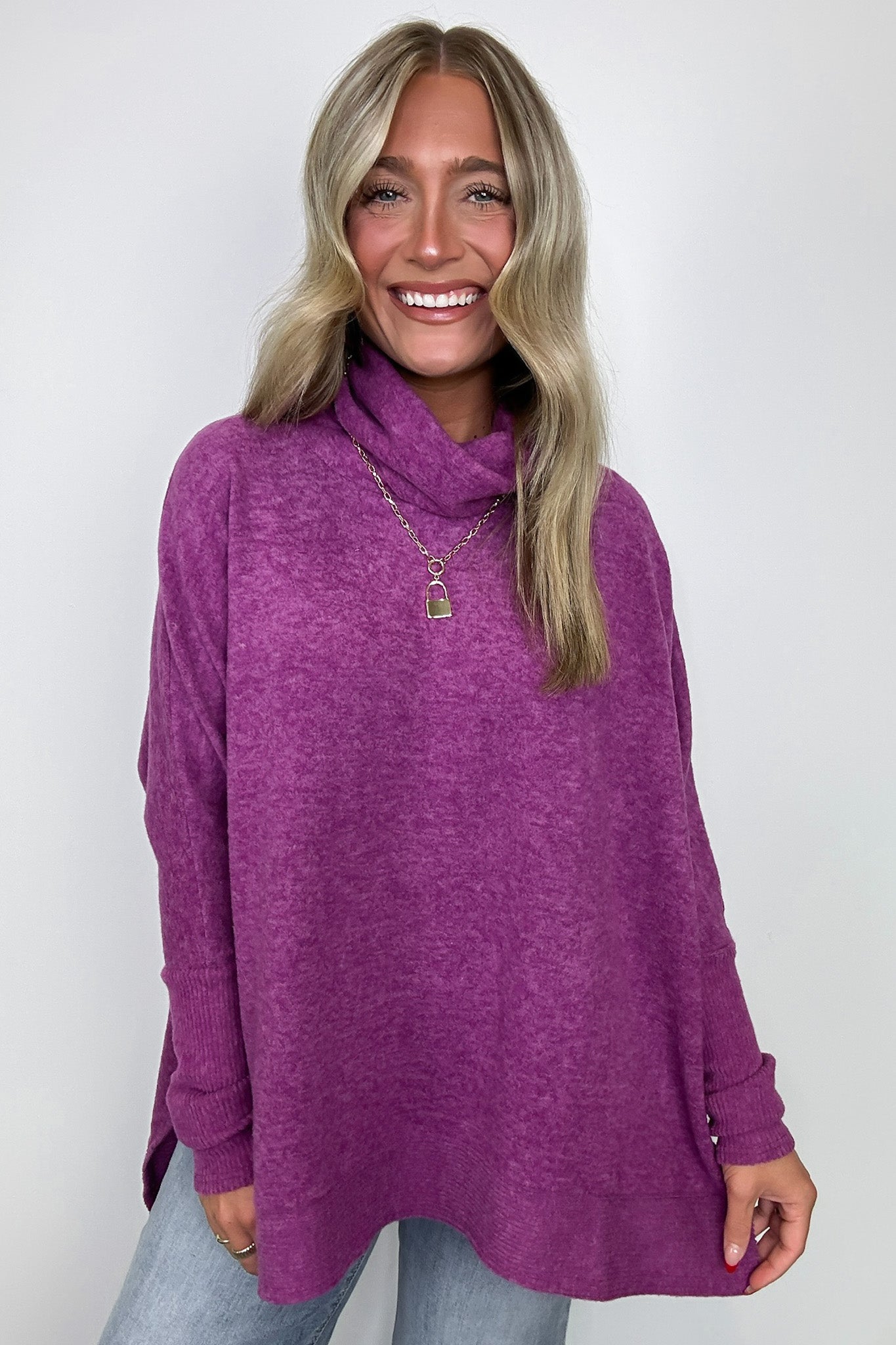 Light Plum / SM Cozy Harmony Brushed Melange Knit Cowl Neck Poncho Sweater - BACK IN STOCK - Madison and Mallory