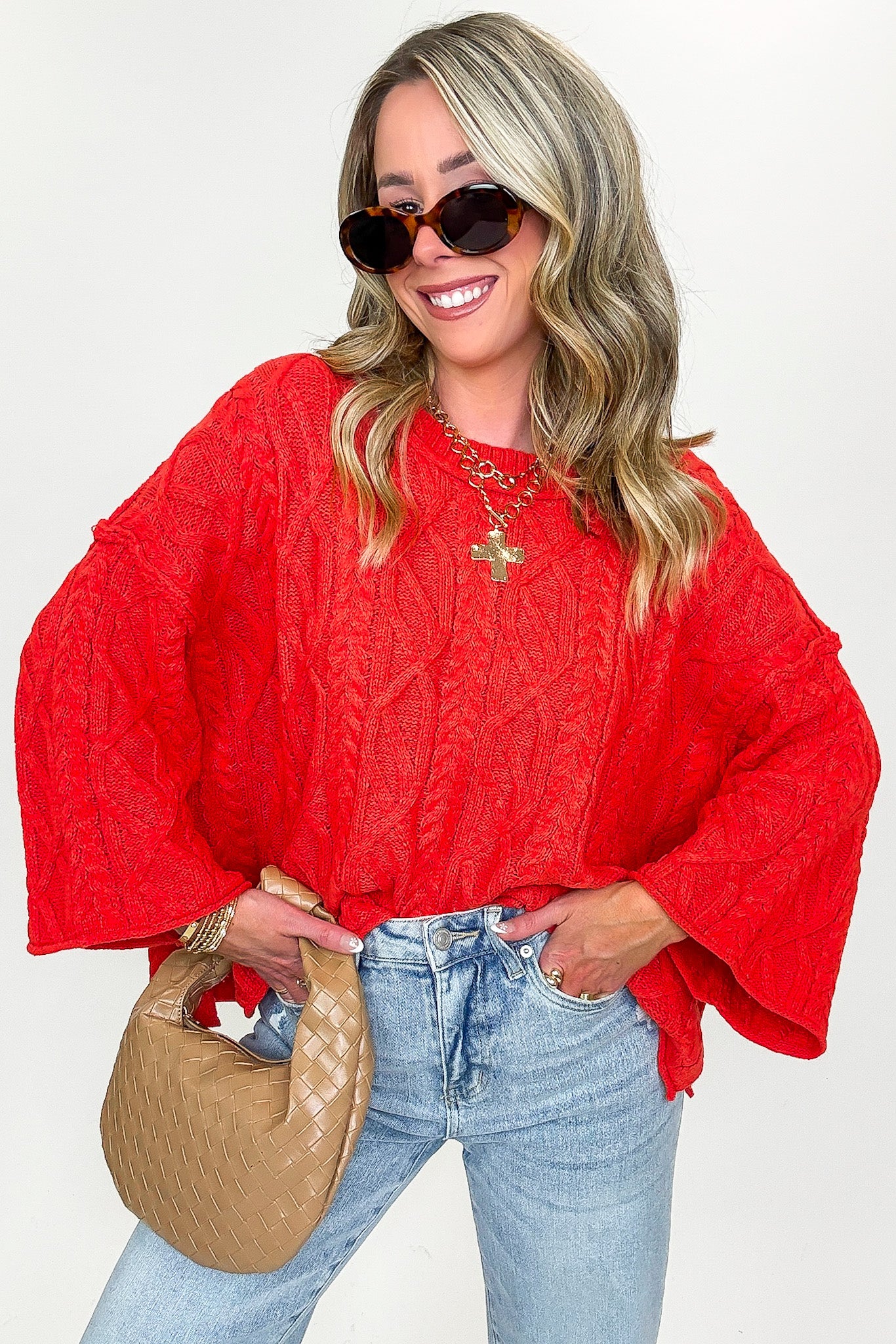 S / Hot Coral Cozy Thread Relaxed Cable Knit Sweater - FINAL SALE - Madison and Mallory