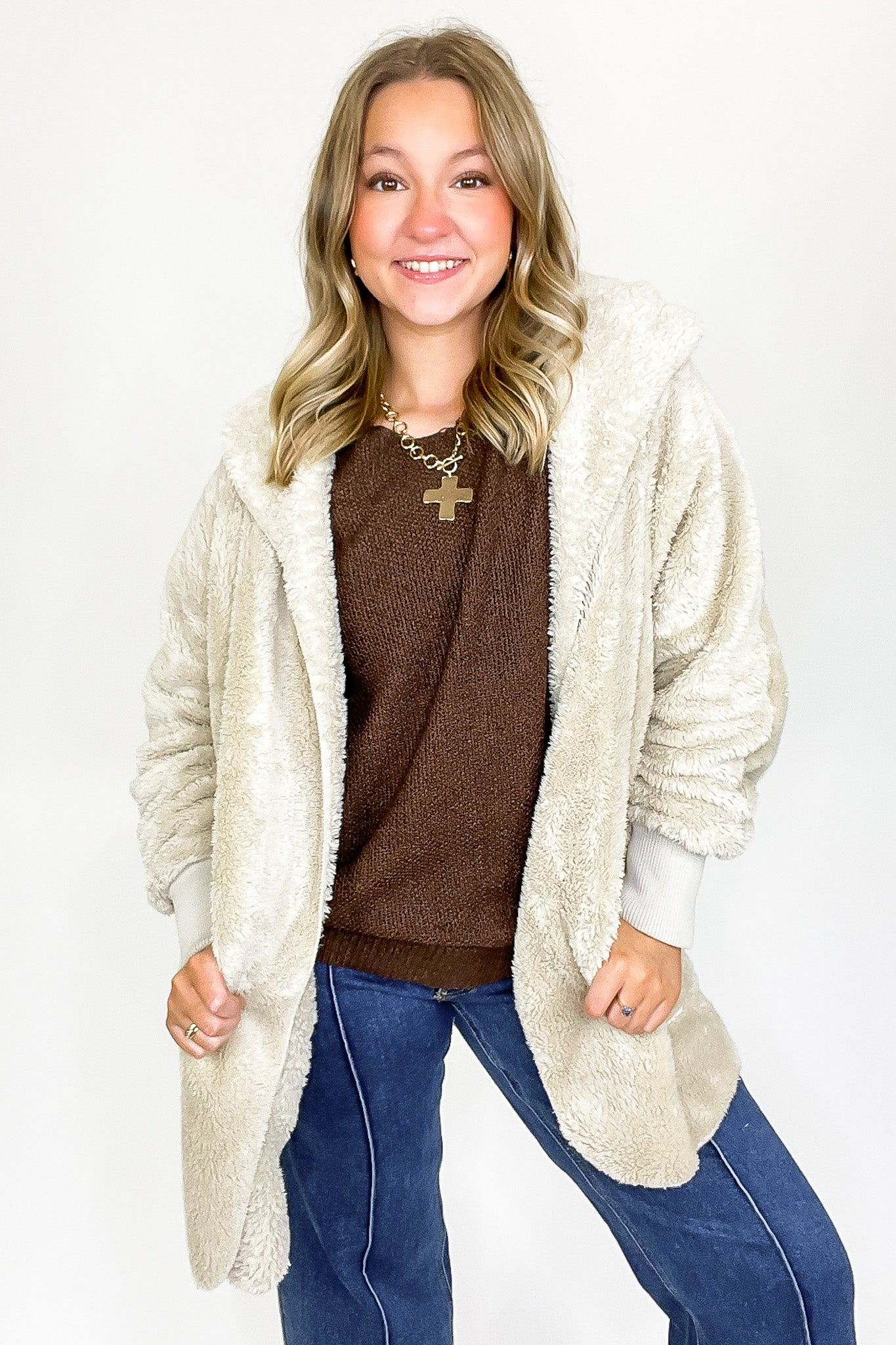 Cozy Crest Hooded Faux Fur Jacket