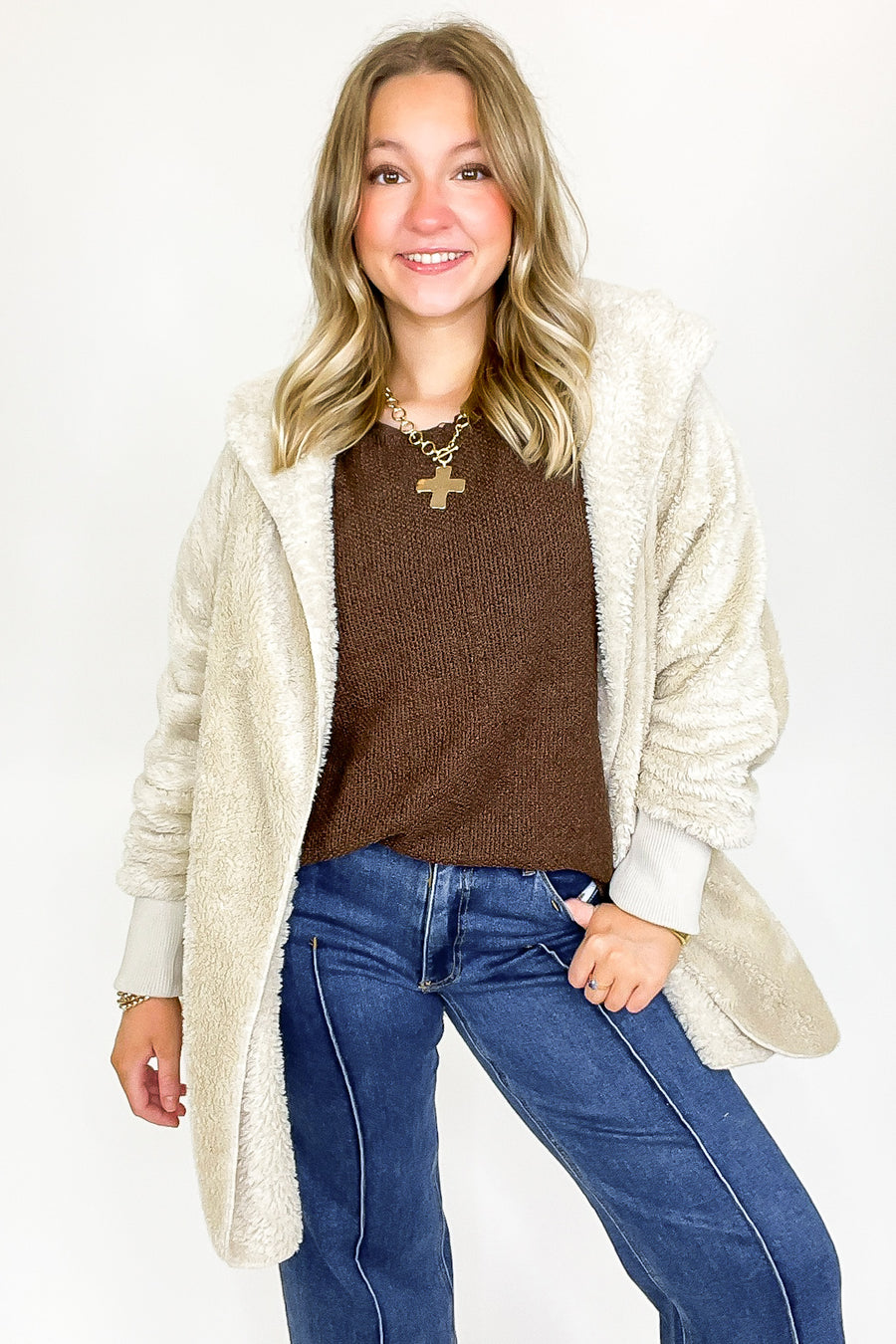 Cozy Crest Hooded Faux Fur Jacket