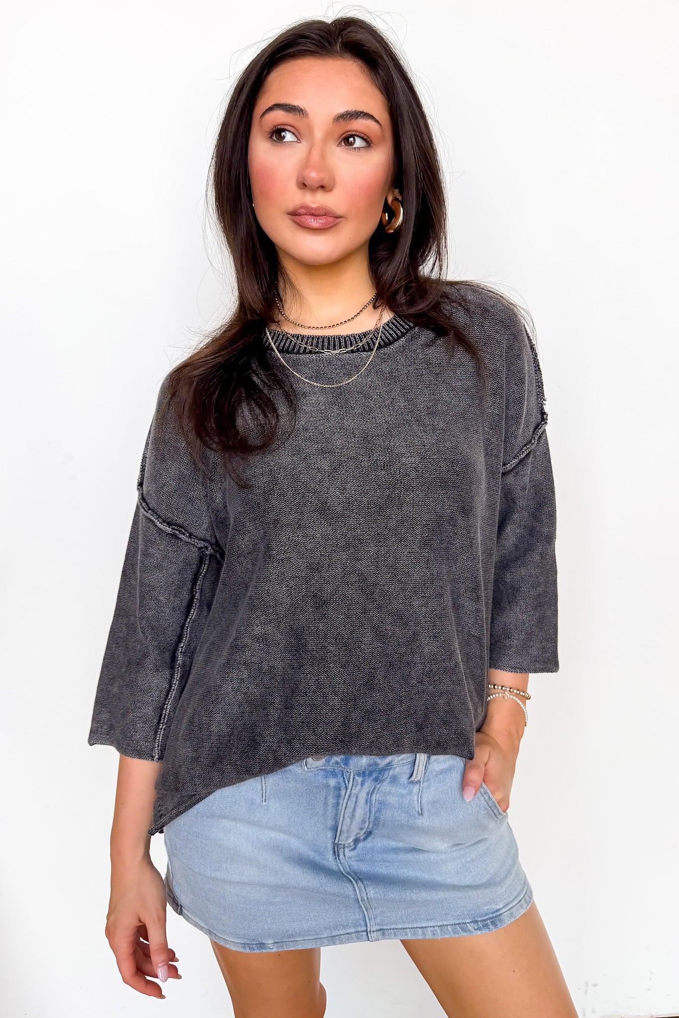 Cozy Fade Washed 3/4 Sleeve Relaxed Sweater - BACK IN STOCK