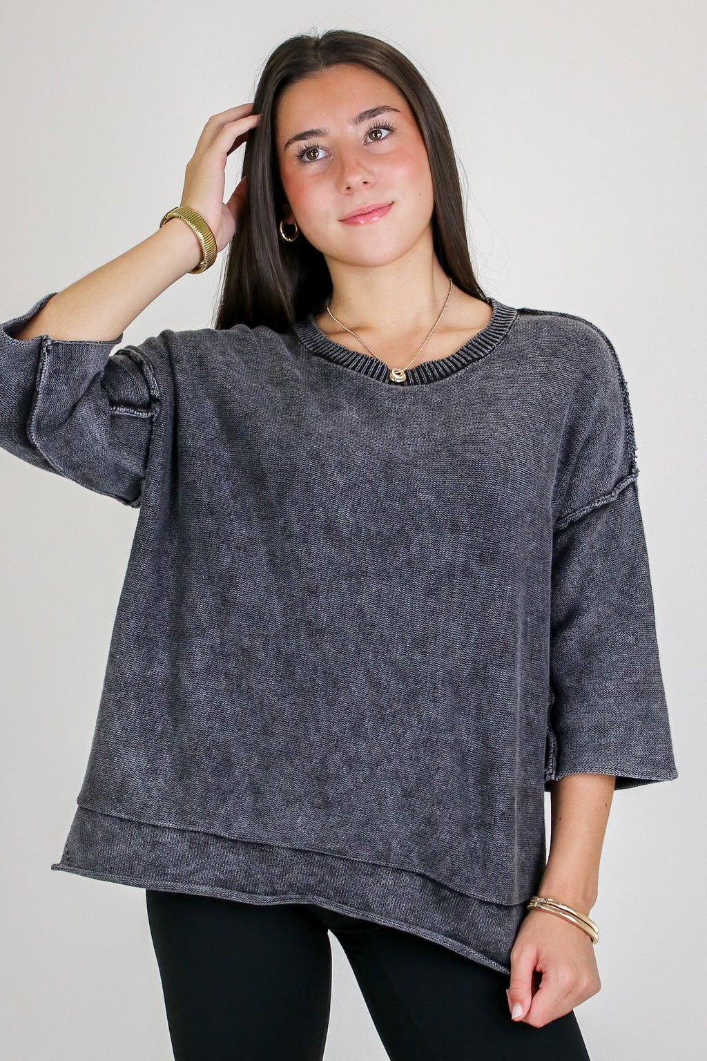 Cozy Fade Washed 3/4 Sleeve Relaxed Sweater
