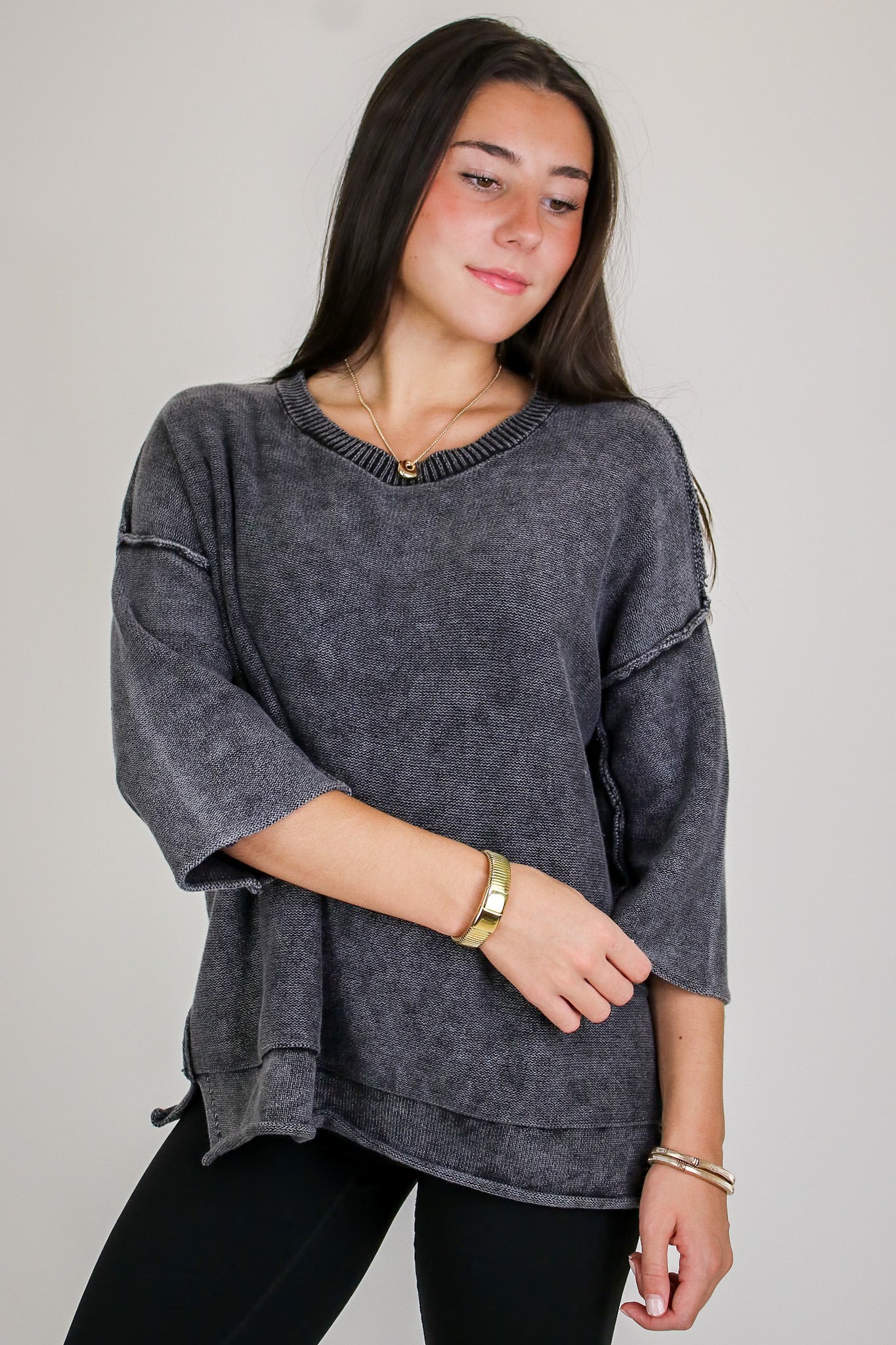 Cozy Fade Washed 3/4 Sleeve Relaxed Sweater