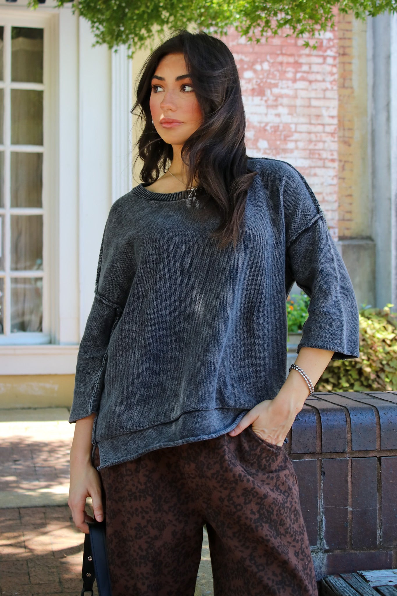 Cozy Fade Washed 3/4 Sleeve Relaxed Sweater - Madison and Mallory