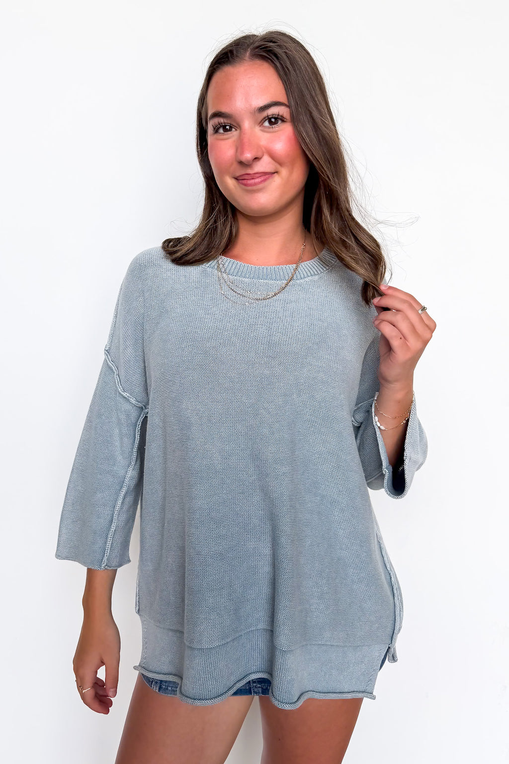 Cozy Fade Washed 3/4 Sleeve Relaxed Sweater - Madison and Mallory