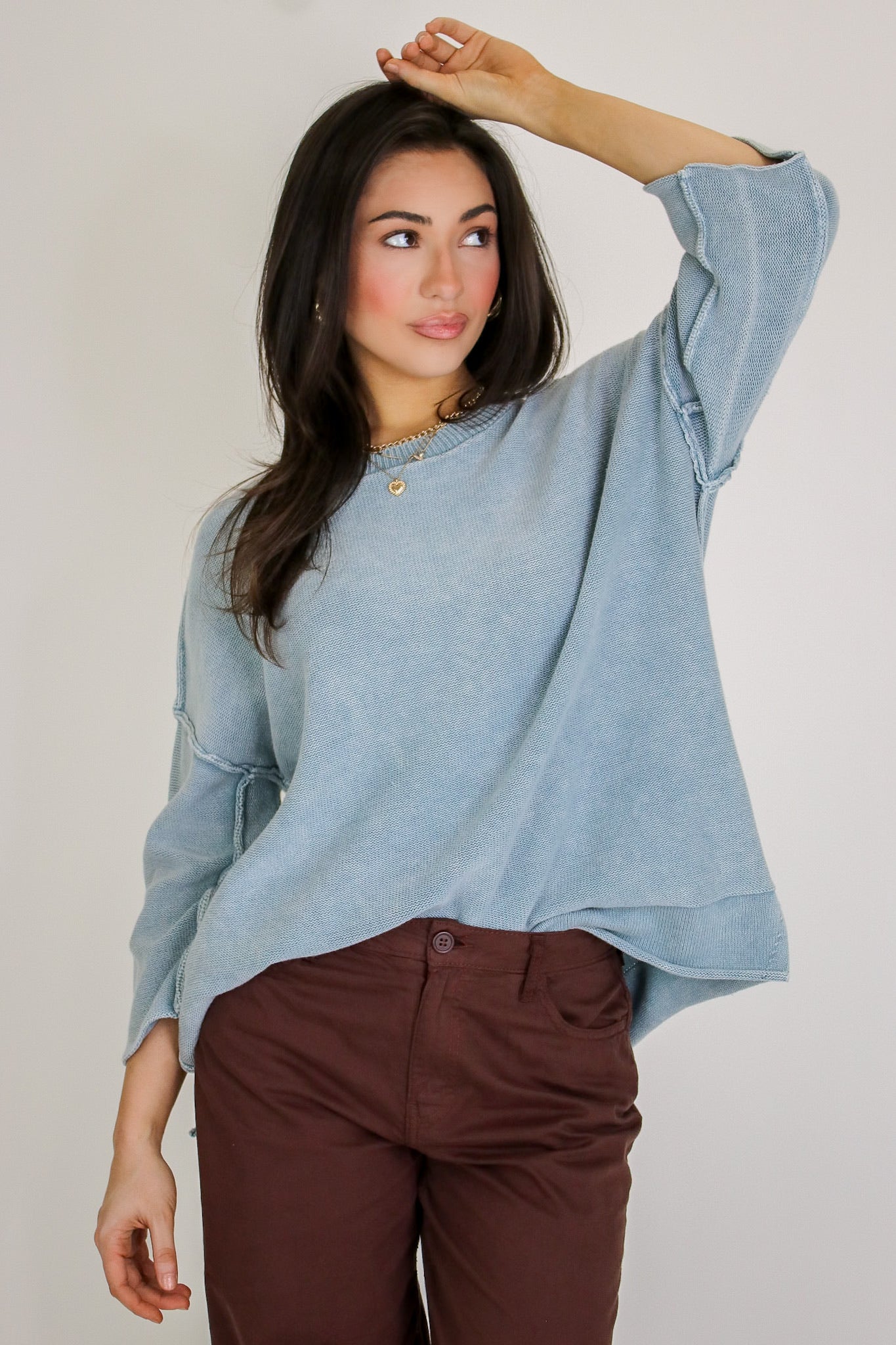 Cozy Fade Washed 3/4 Sleeve Relaxed Sweater