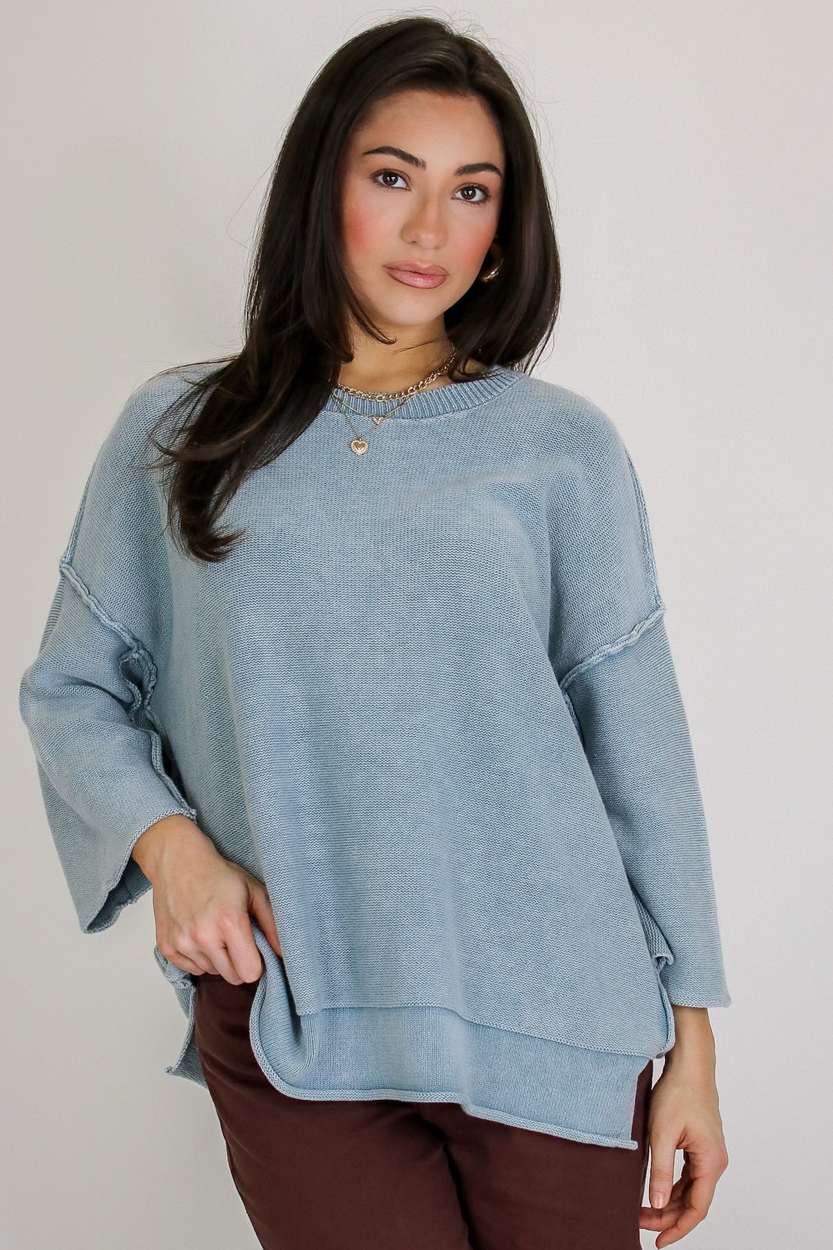 Cozy Fade Washed 3/4 Sleeve Relaxed Sweater - Madison and Mallory