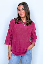 Cabernet / S Cozy Fade Washed 3/4 Sleeve Relaxed Sweater - Madison and Mallory