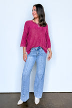 Cozy Fade Washed 3/4 Sleeve Relaxed Sweater - Madison and Mallory