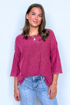 Cozy Fade Washed 3/4 Sleeve Relaxed Sweater - Madison and Mallory
