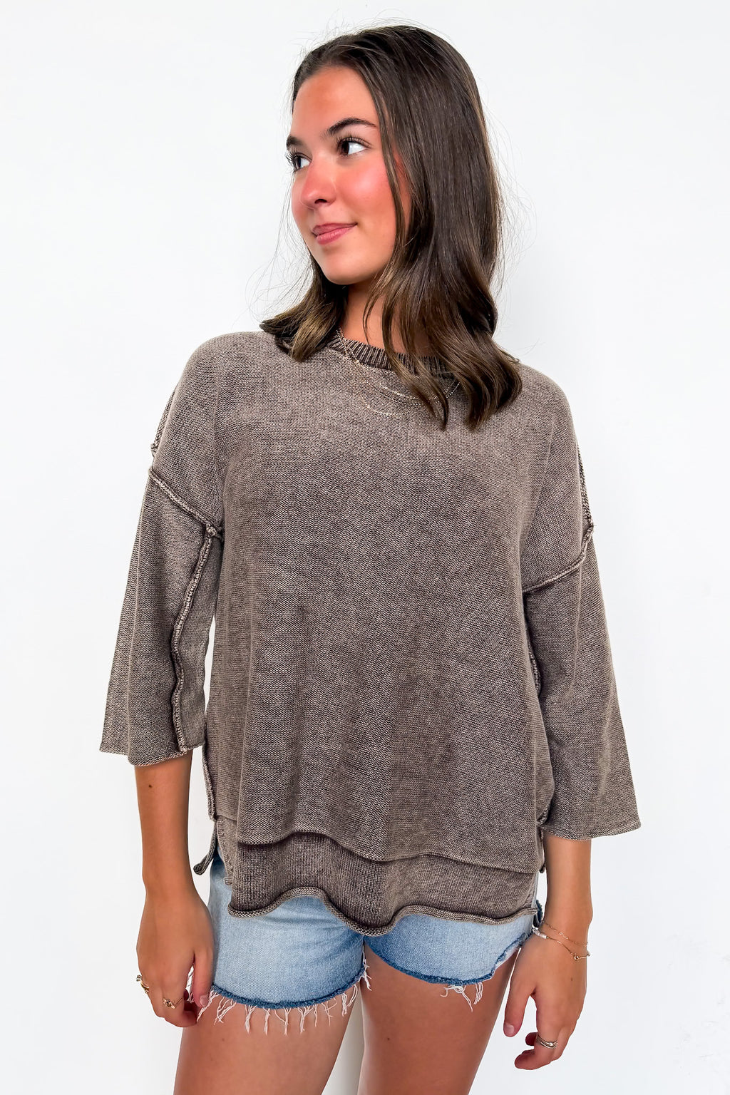 Cozy Fade Washed 3/4 Sleeve Relaxed Sweater - Madison and Mallory