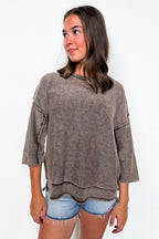 Cozy Fade Washed 3/4 Sleeve Relaxed Sweater - Madison and Mallory