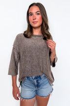 Cozy Fade Washed 3/4 Sleeve Relaxed Sweater - Madison and Mallory