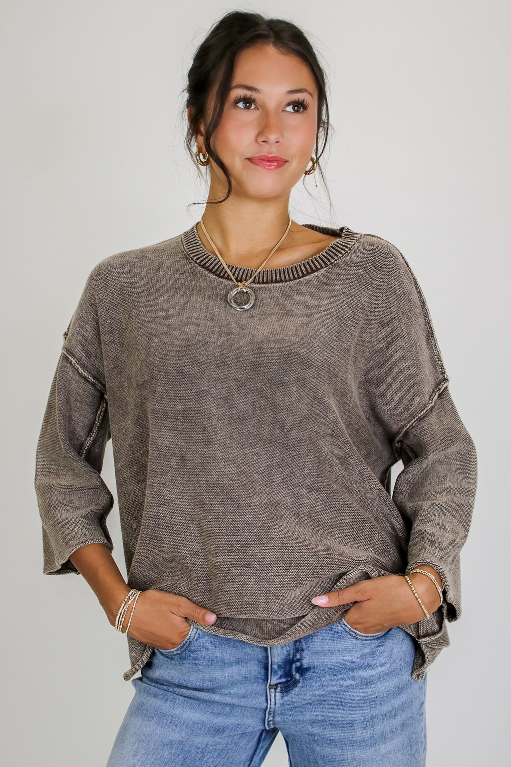 Cozy Fade Washed 3/4 Sleeve Relaxed Sweater