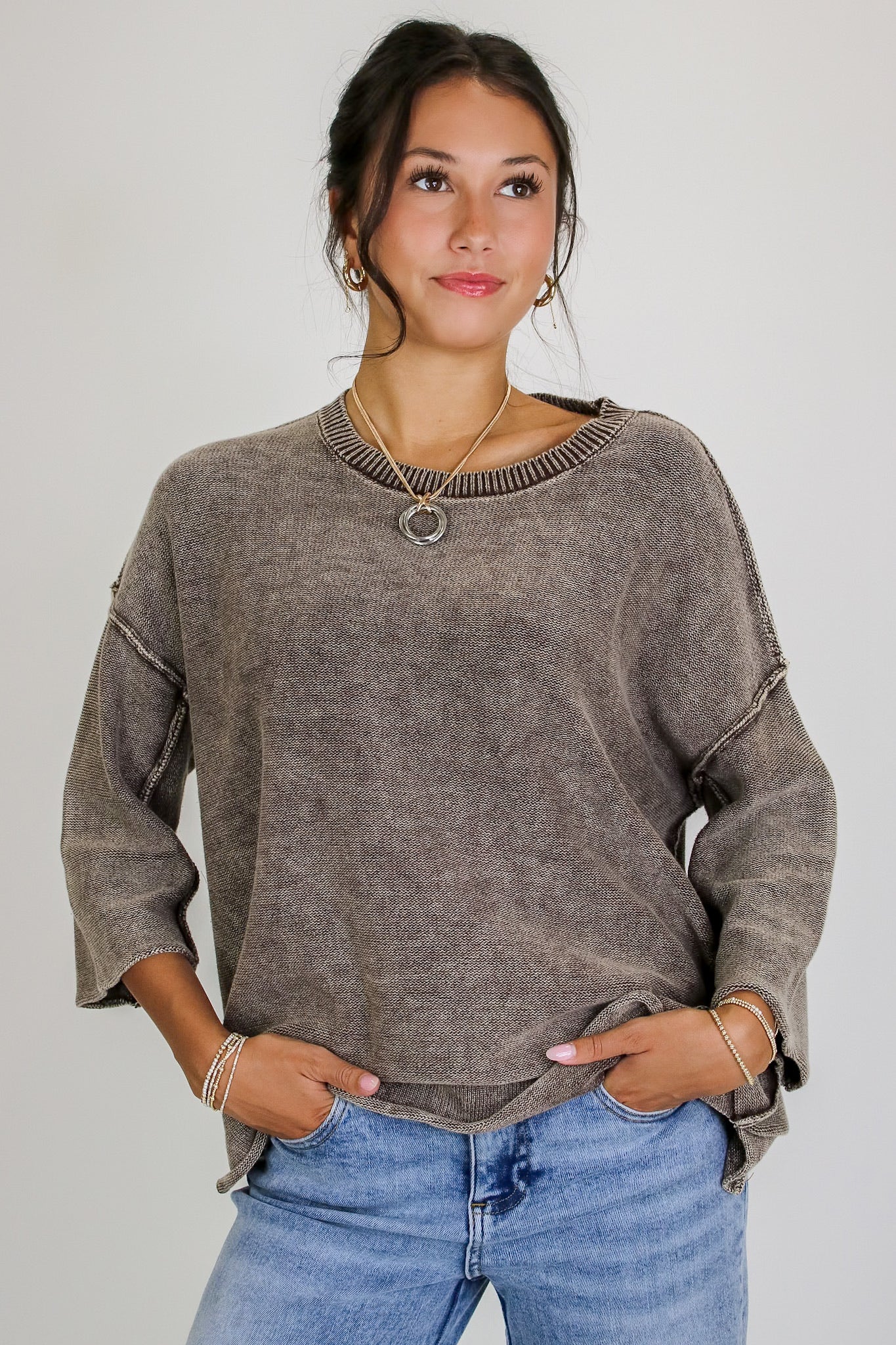 Cozy Fade Washed 3/4 Sleeve Relaxed Sweater