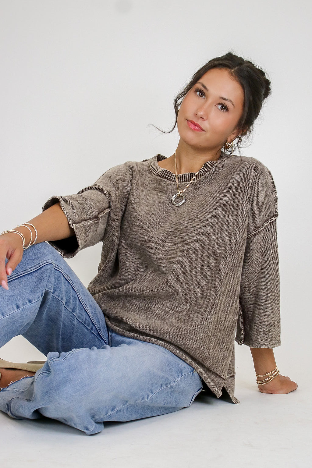 Cozy Fade Washed 3/4 Sleeve Relaxed Sweater