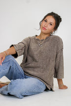 Cozy Fade Washed 3/4 Sleeve Relaxed Sweater