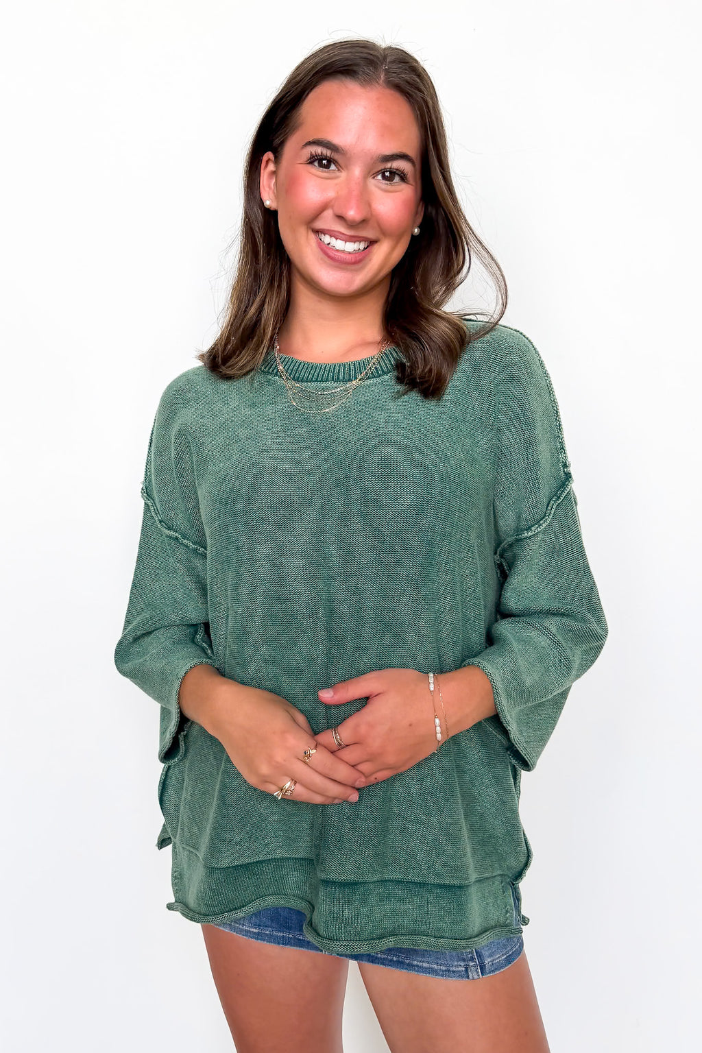 Hunter Green / S Cozy Fade Washed 3/4 Sleeve Relaxed Sweater - Madison and Mallory