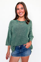 Cozy Fade Washed 3/4 Sleeve Relaxed Sweater - Madison and Mallory