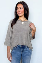 Cozy Fade Washed 3/4 Sleeve Relaxed Sweater - Madison and Mallory