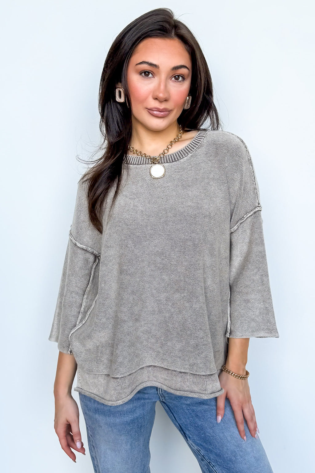Cozy Fade Washed 3/4 Sleeve Relaxed Sweater - Madison and Mallory