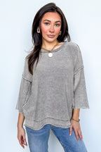 Cozy Fade Washed 3/4 Sleeve Relaxed Sweater - Madison and Mallory