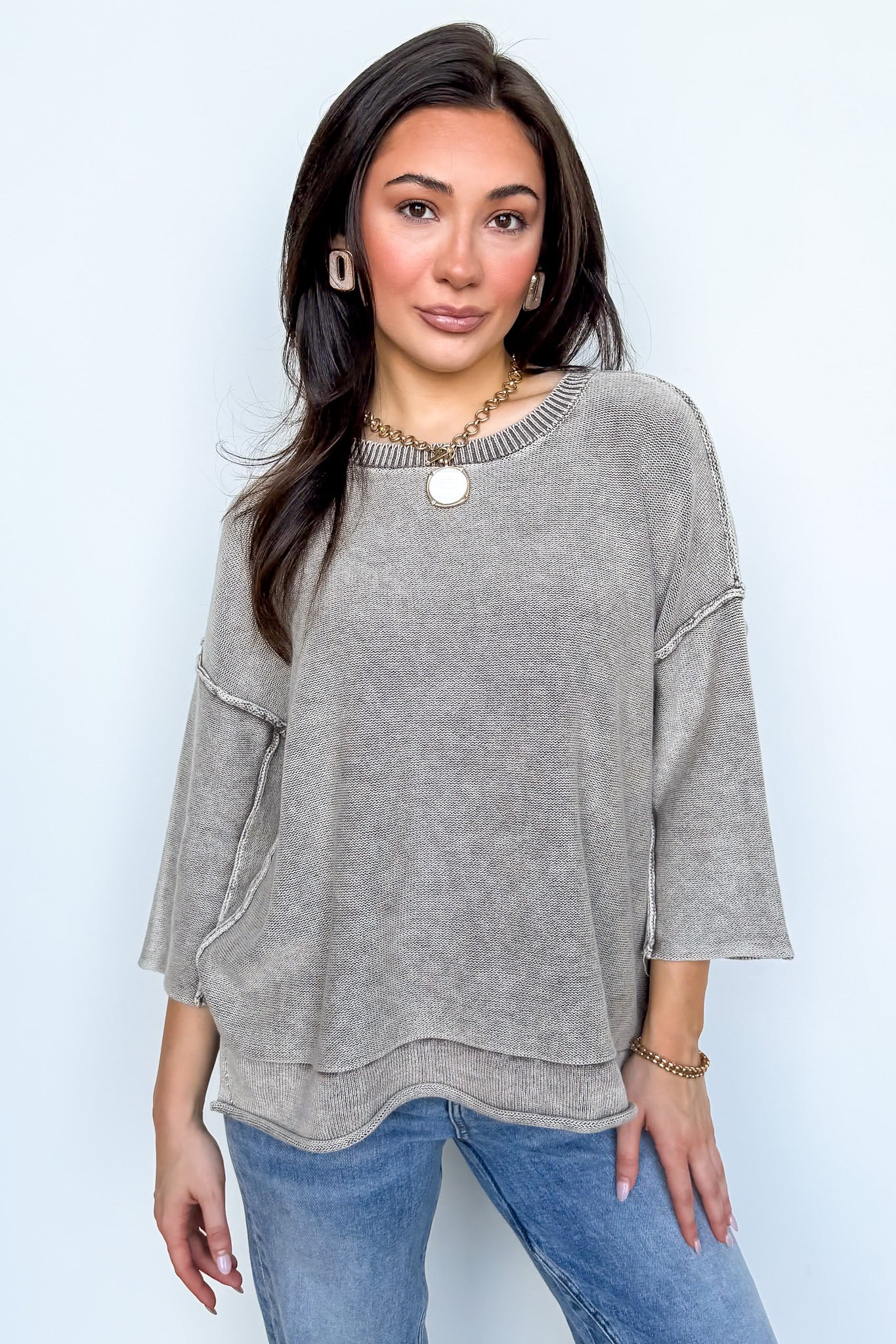 Cozy Fade Washed 3/4 Sleeve Relaxed Sweater - BACK IN STOCK